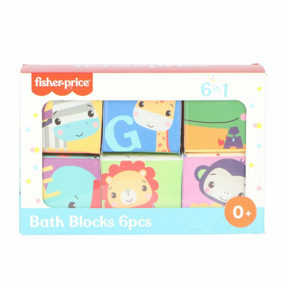 Kiste mit Fisher-Price-Badblöcken, sechs Seiten mit bunten Tierbildern und Buchstaben, beschriftet mit '6 in 1' und '0+'.