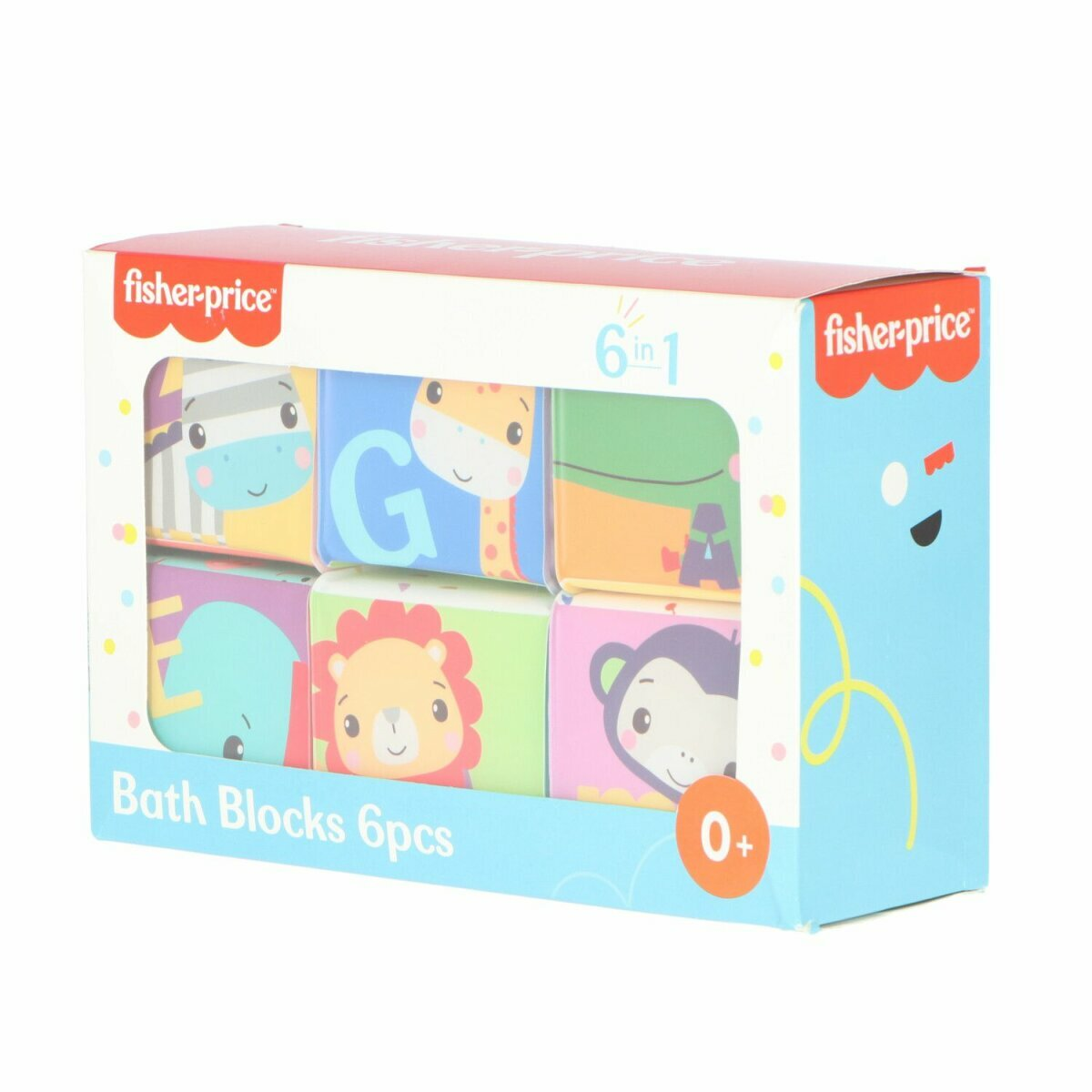 Kiste mit bunten Baby-Badblöcken mit Tiergesichtern und Buchstaben.