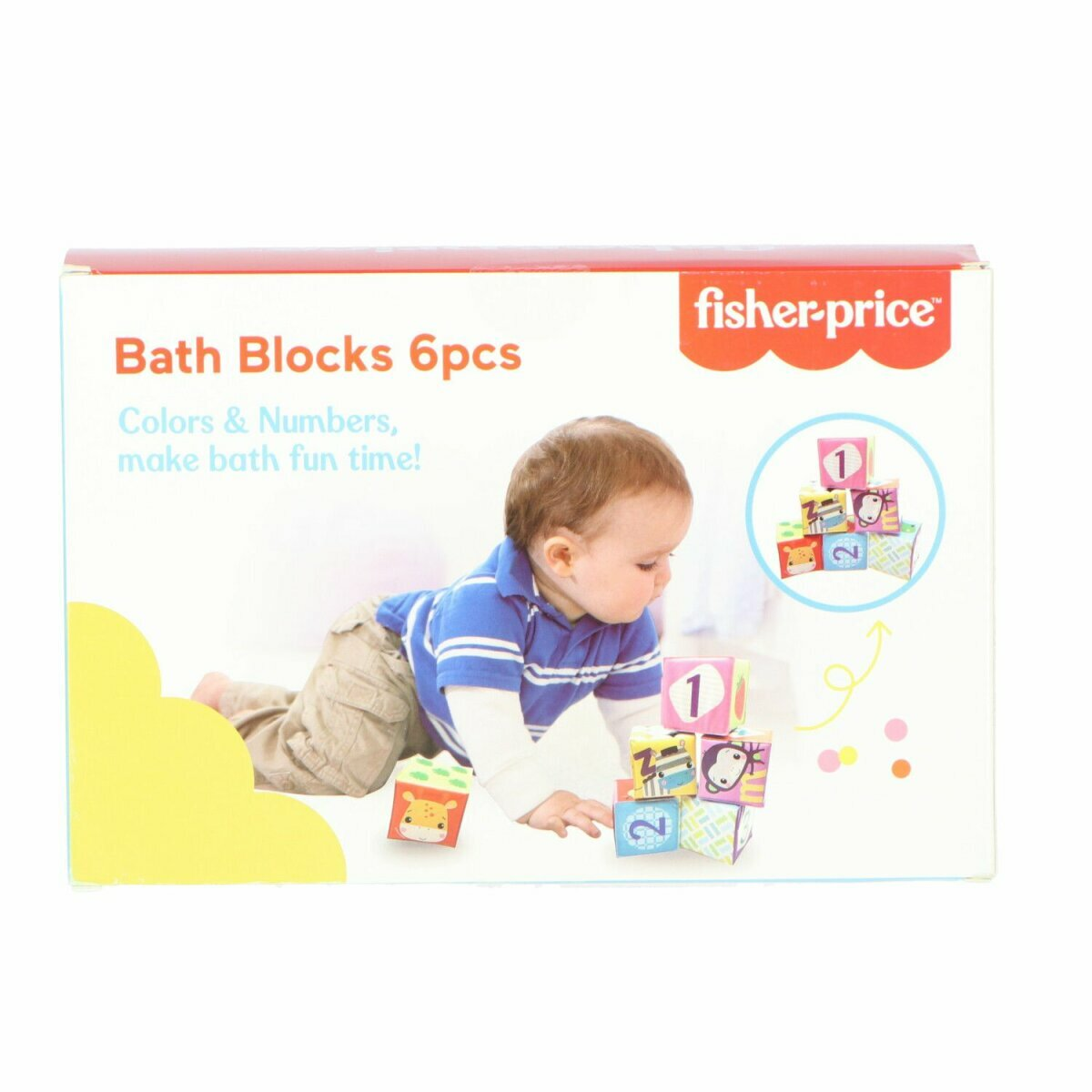 Baby greift nach Blöcken. Box mit 'Bath Blocks' und Blöcken mit Zahlen und Tieren.