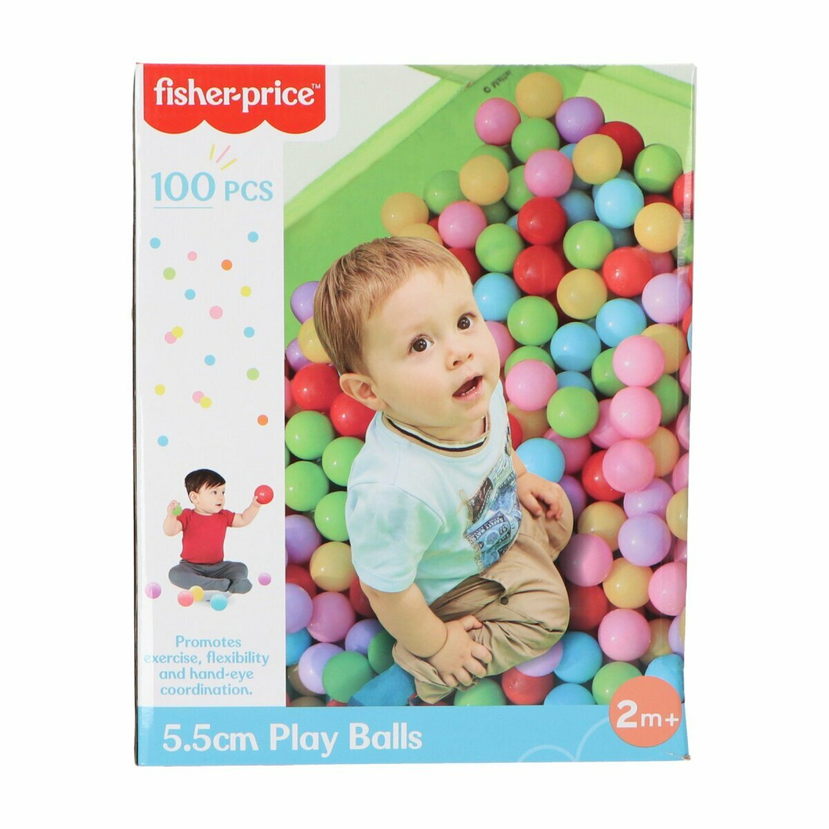 Kind in einem Spielbälle-Bällebad mit bunten Bällen und einer Spielzeugkiste mit Fisher-Price-Logo.