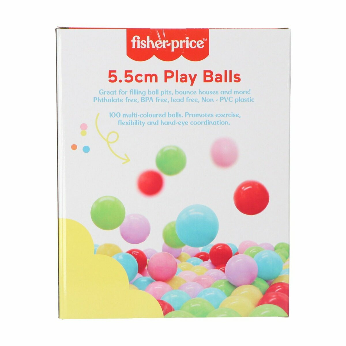 Eine Kiste mit bunten Spielbällen. Die Kiste hat Text, Bälle sind innen sichtbar.
