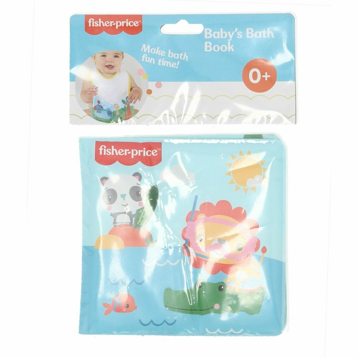 Ein Baby-Badebuch in der Verpackung. Es hat Illustrationen von Panda, Löwe und Fisch.