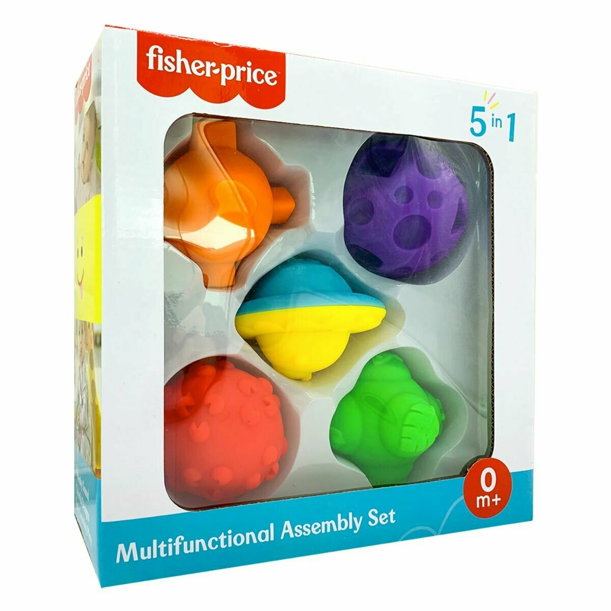Eine Box mit Babyspielzeug. Die Spielzeuge haben verschiedene Farben.