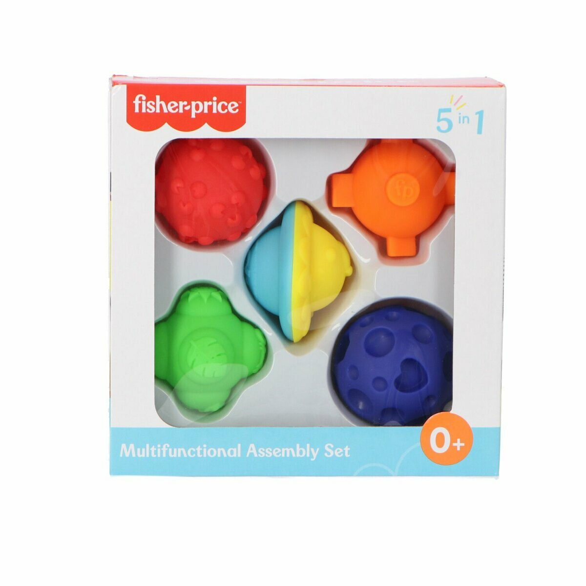 Box mit fünf bunten Babyspielzeugen. Rot, orange, grün, blau, gelb.