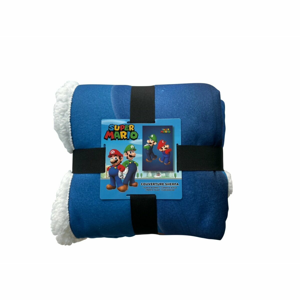 Eine blaue Decke mit Super Mario-Charakteren und -Logo, zusammengehalten von einem schwarzen Riemen.