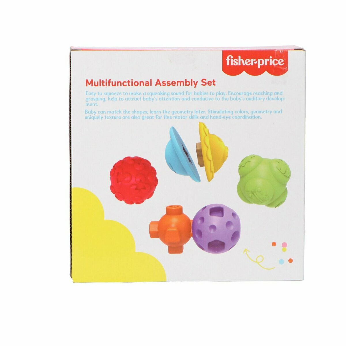 Karton mit bunten Babyspielzeugen: roter Ball, blaue Scheibe, gelbe Form, grüne Form und ein violetter Ball.
