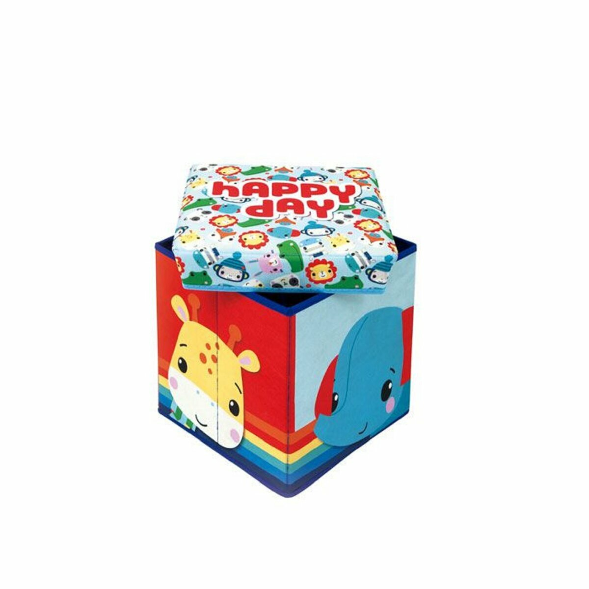 Eine bunte Aufbewahrungsbox mit Deckel. Sie hat Zeichentricktiere und Muster, mit einer Giraffe und Elefanten.
