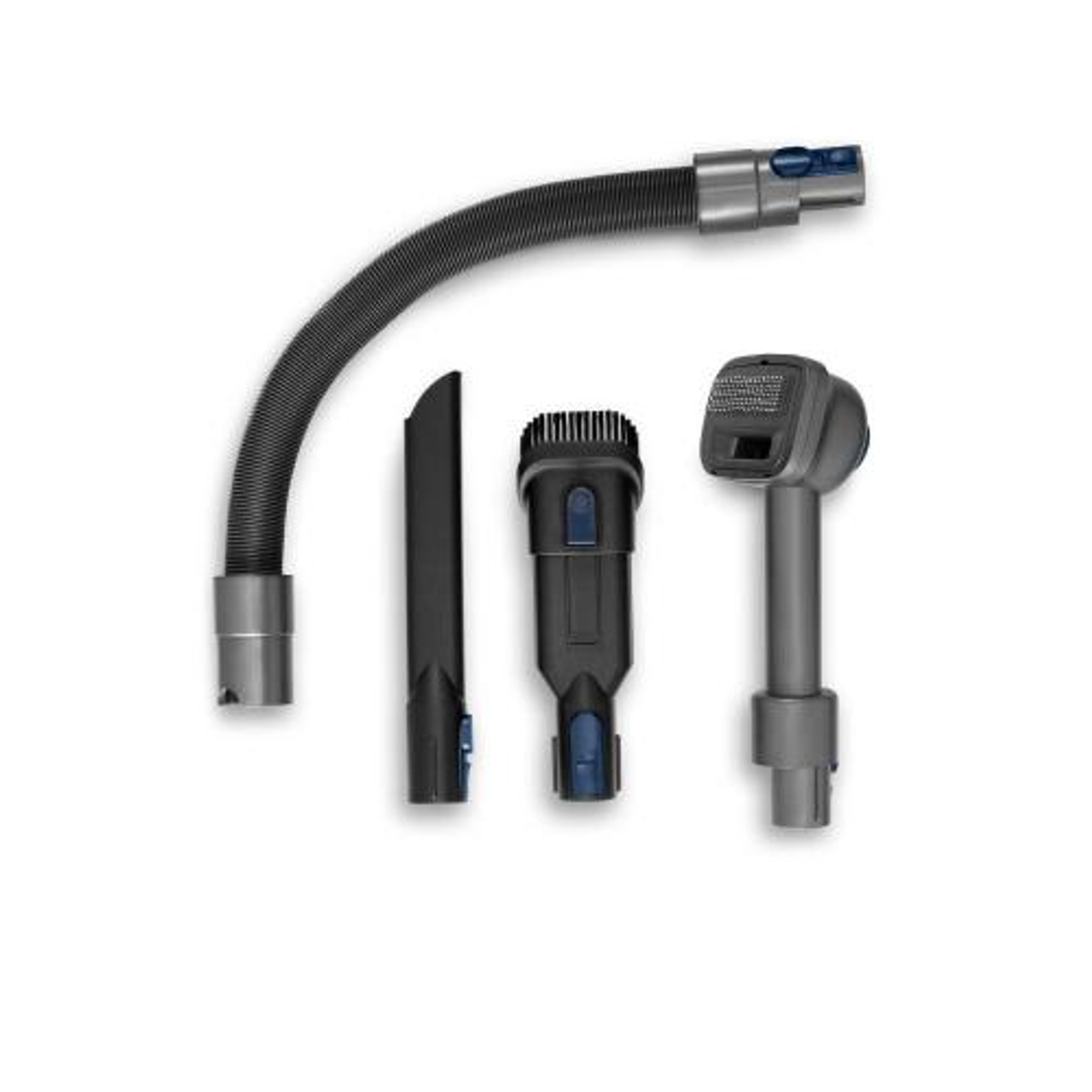 Accesorios para aspiradora. Incluye una manguera curva, una boquilla para rincones, un cabezal de cepillo y un cabezal giratorio pequeño.
