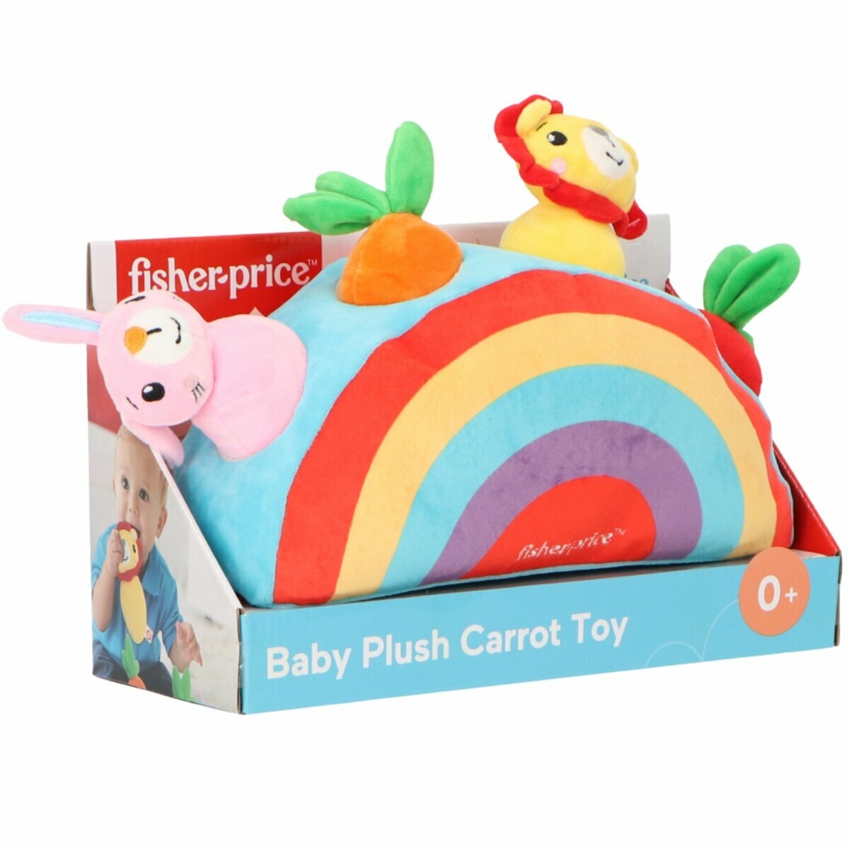 Baby Plüsch Karotten Spielzeug mit Regenbogen und Tieren.