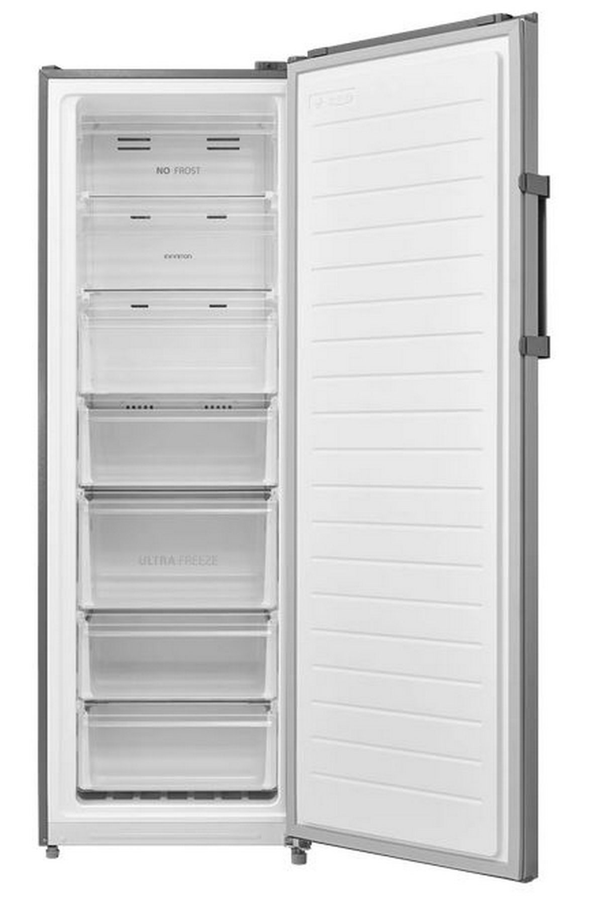 Congelador blanco abierto con cajones. Marco gris, cajones transparentes e interior blanco.