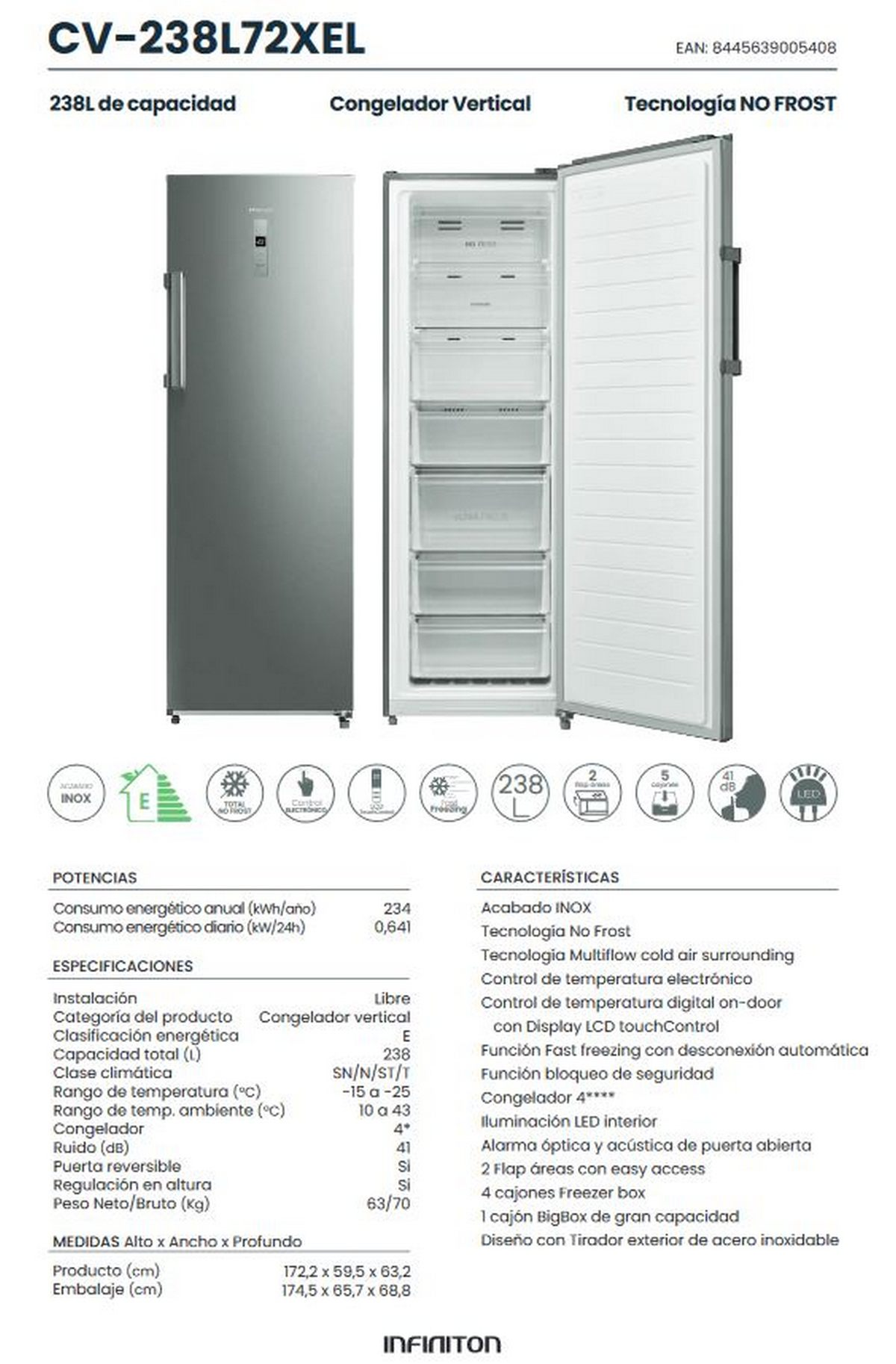 Congelador vertical con varios cajones, especificaciones y una etiqueta. Exterior blanco.