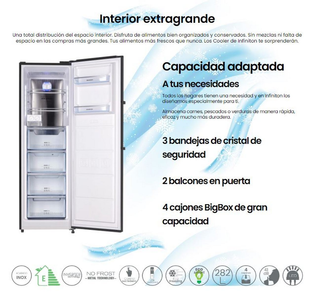 Interior de nevera abierta con texto en español.