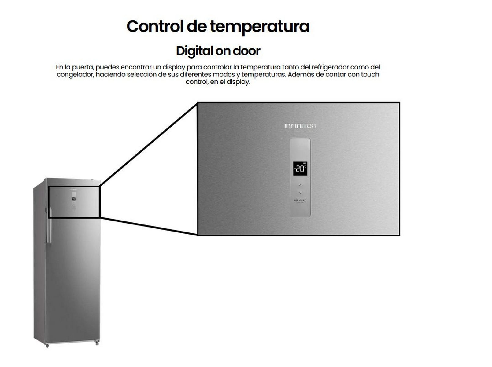 Nevera plateada con pantalla digital que muestra -20. Texto: 'Digital en la puerta'.