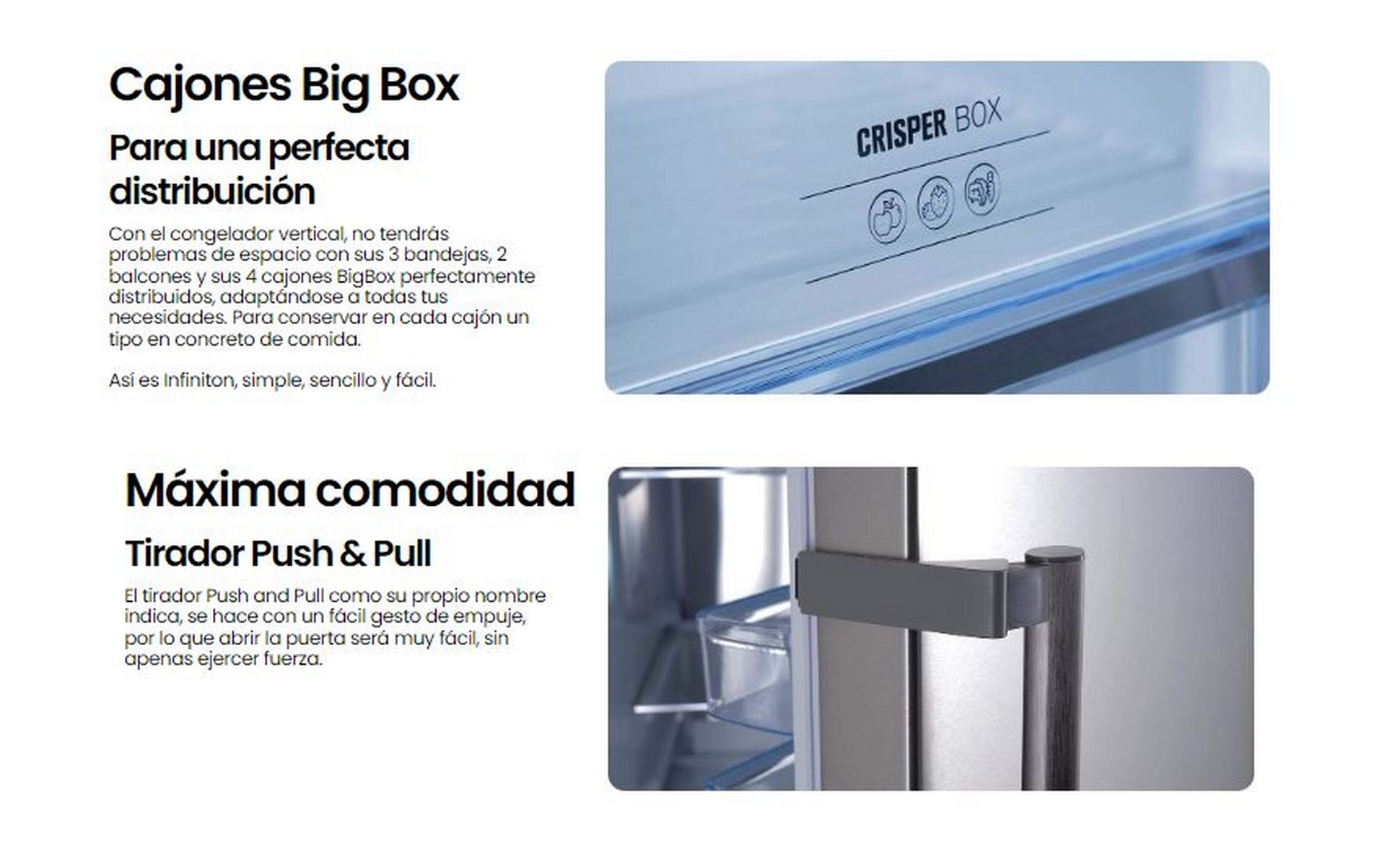 Imágenes que muestran características del refrigerador, como cajones Big Box y manija Push & Pull.