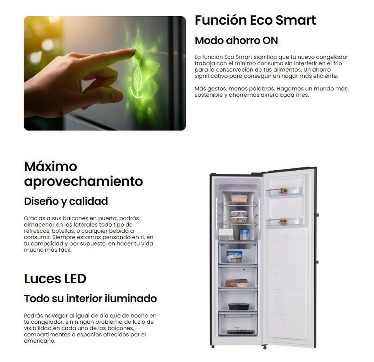 Refrigerador con puerta abierta, mostrando estantes llenos de comida, con texto en español.