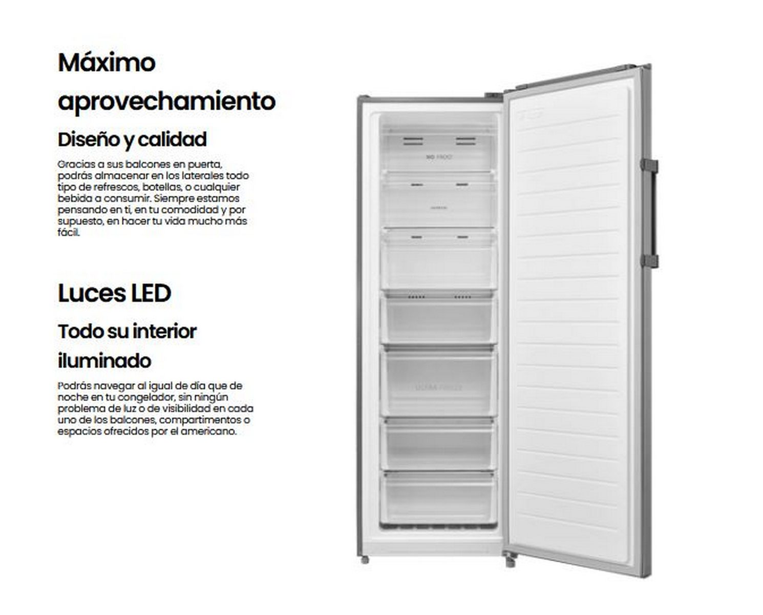 Refrigerador blanco abierto con cajones. Texto en español a la izquierda.