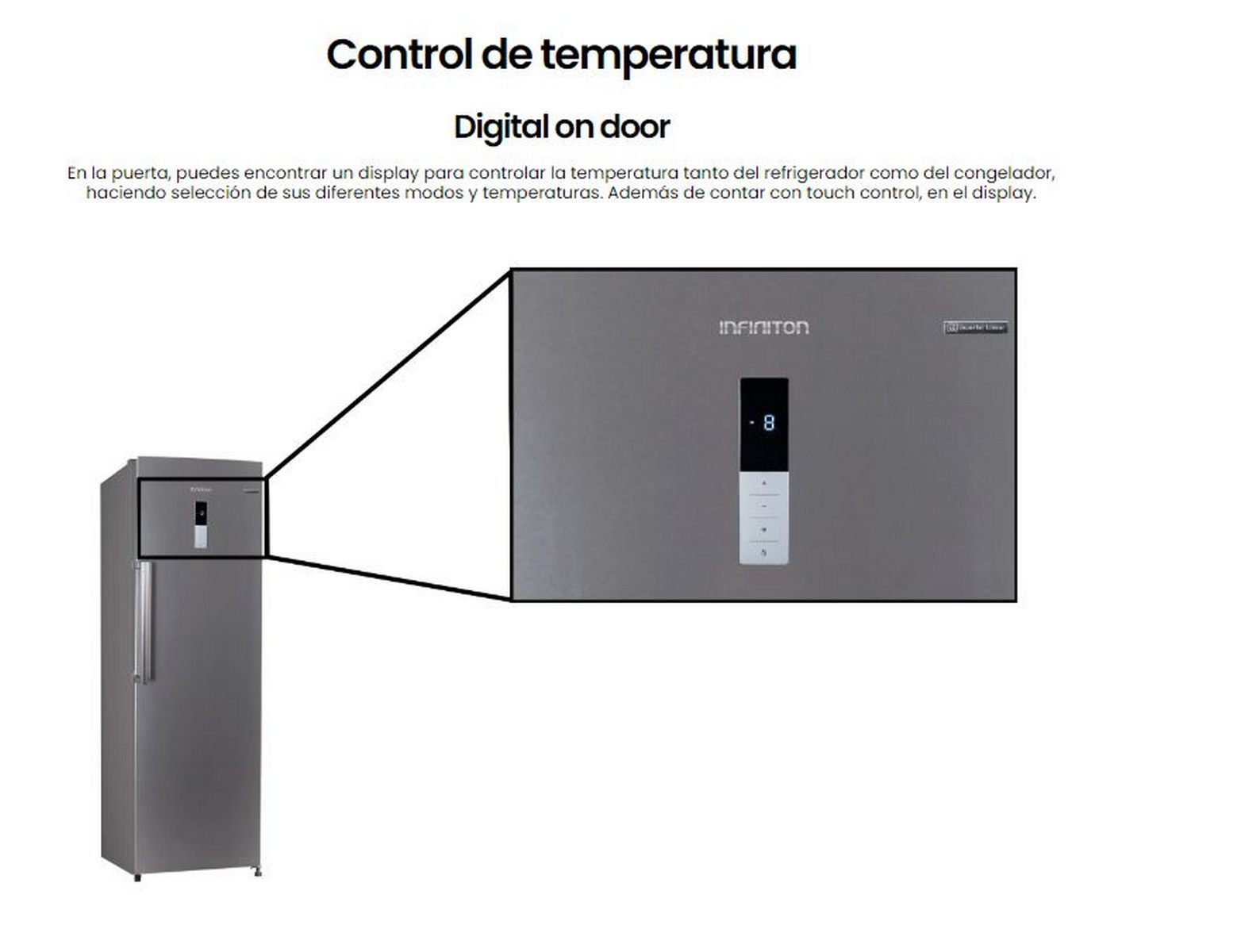 Refrigerador Infiniton, control de temperatura digital en la puerta y pantalla para ajustes.