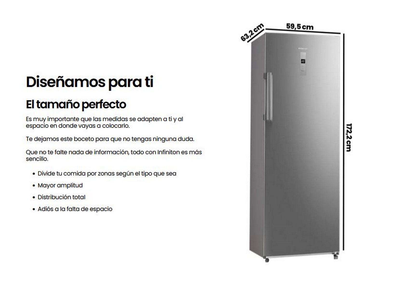 Un frigorífico alto y plateado con dimensiones. Superposición de texto detalla sus características y beneficios.