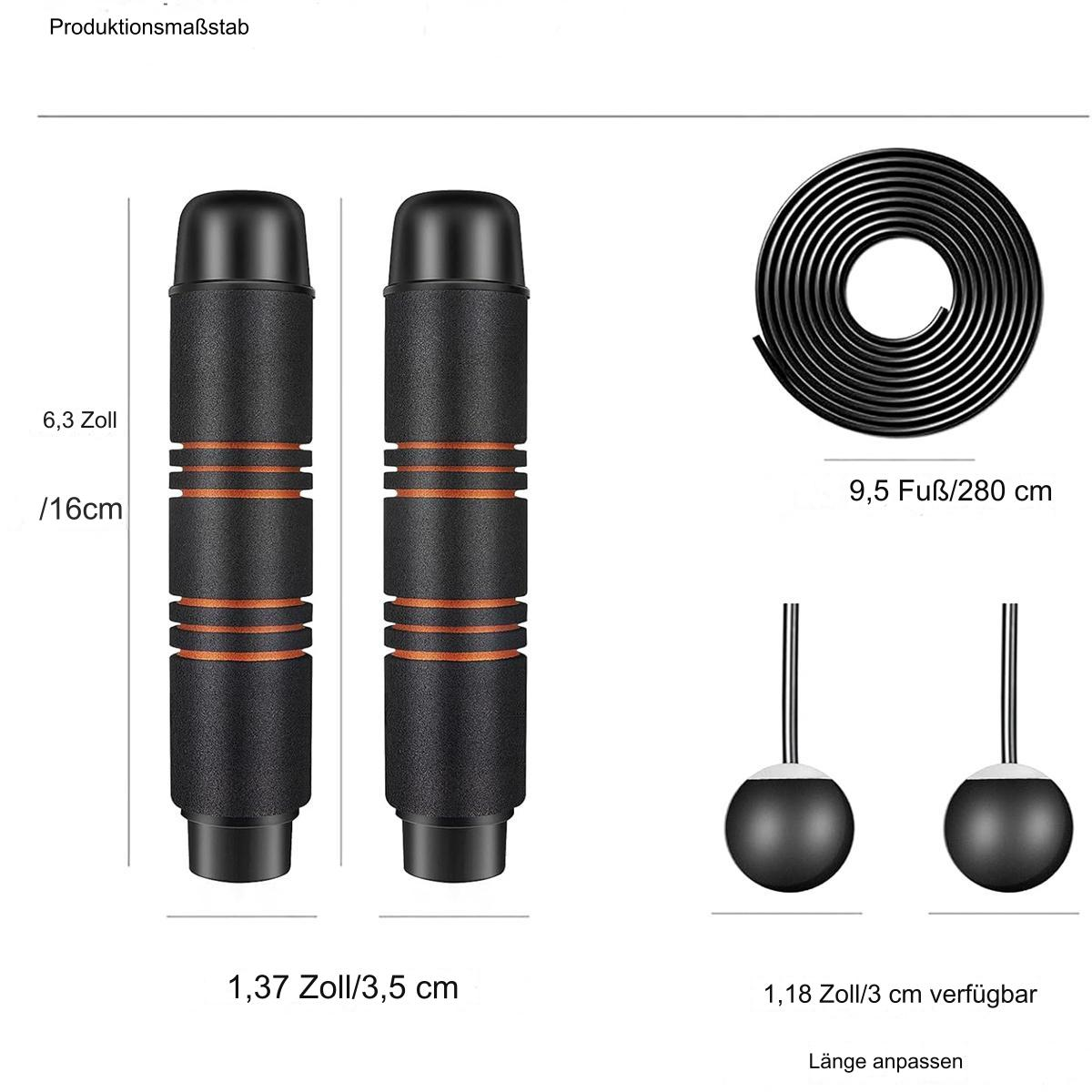Springseilgriffe und ein aufgerolltes Seil mit Maßangaben.