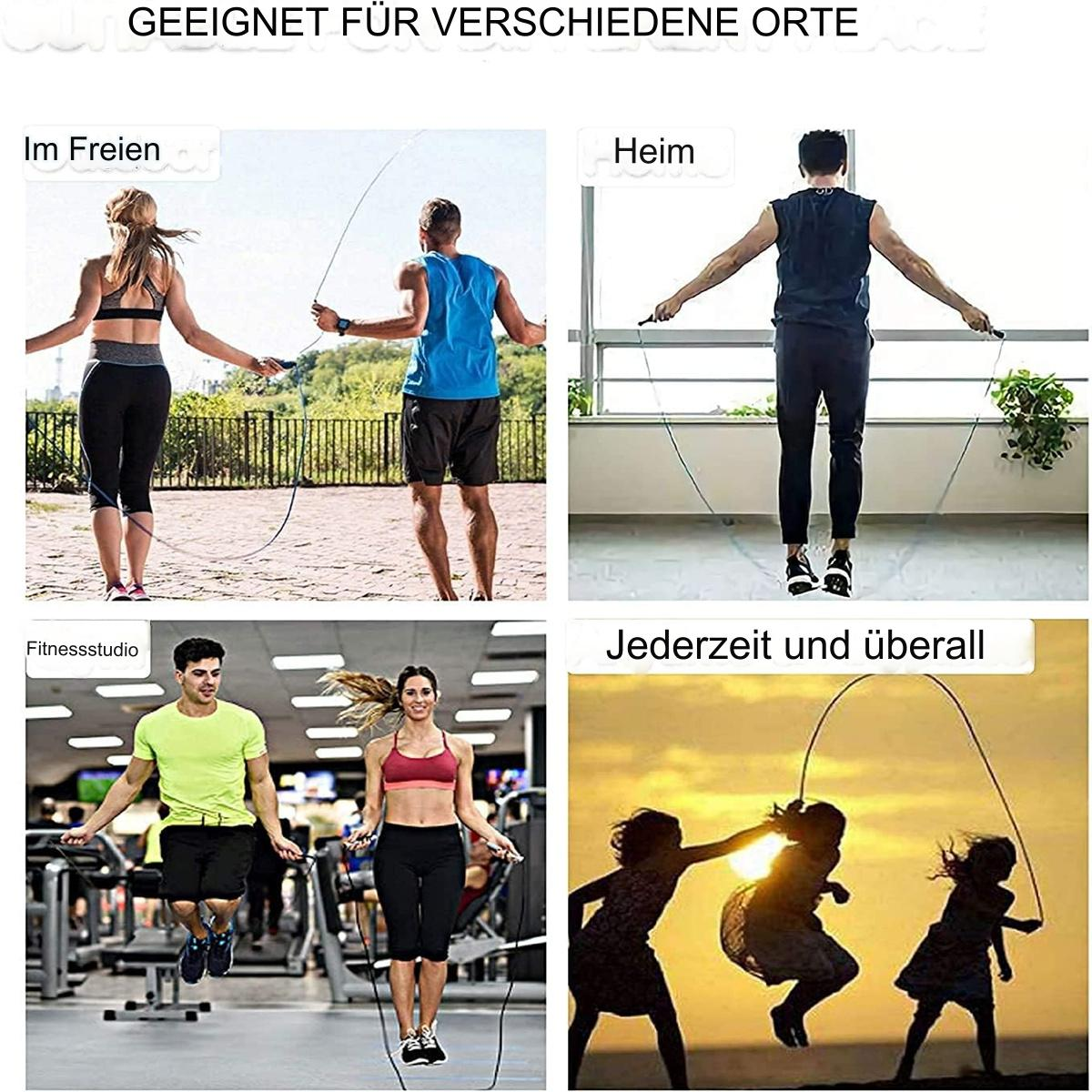 Vier Bilder von Leuten, die Seilspringen: draußen, zu Hause, im Fitnessstudio und jederzeit.
