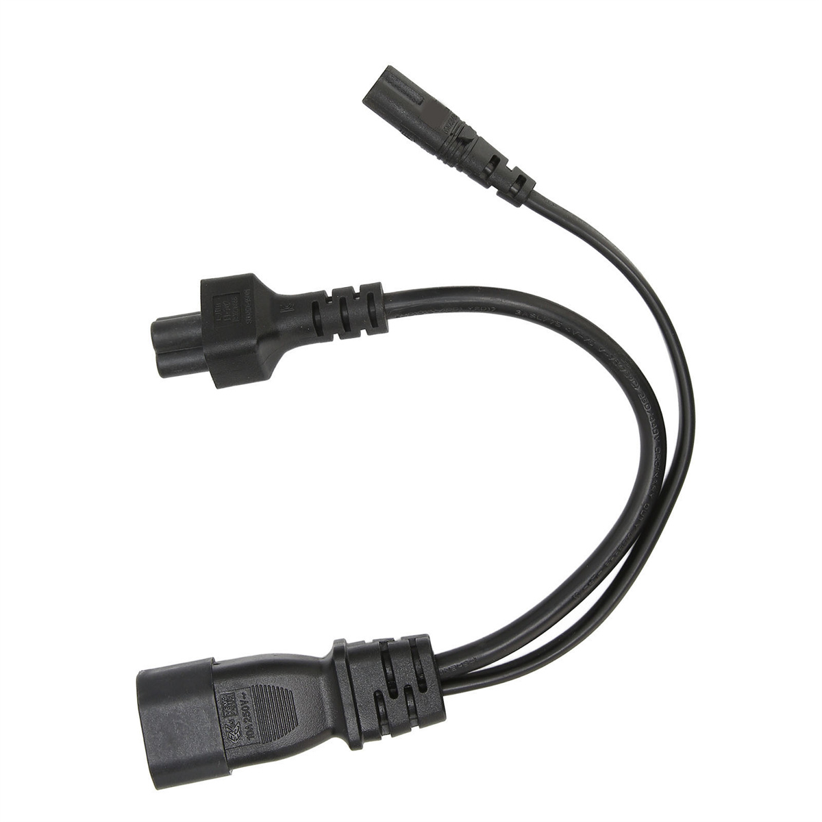 Schwarzes Netzkabel mit zwei Anschlüssen. Es ist auf weißem Hintergrund.