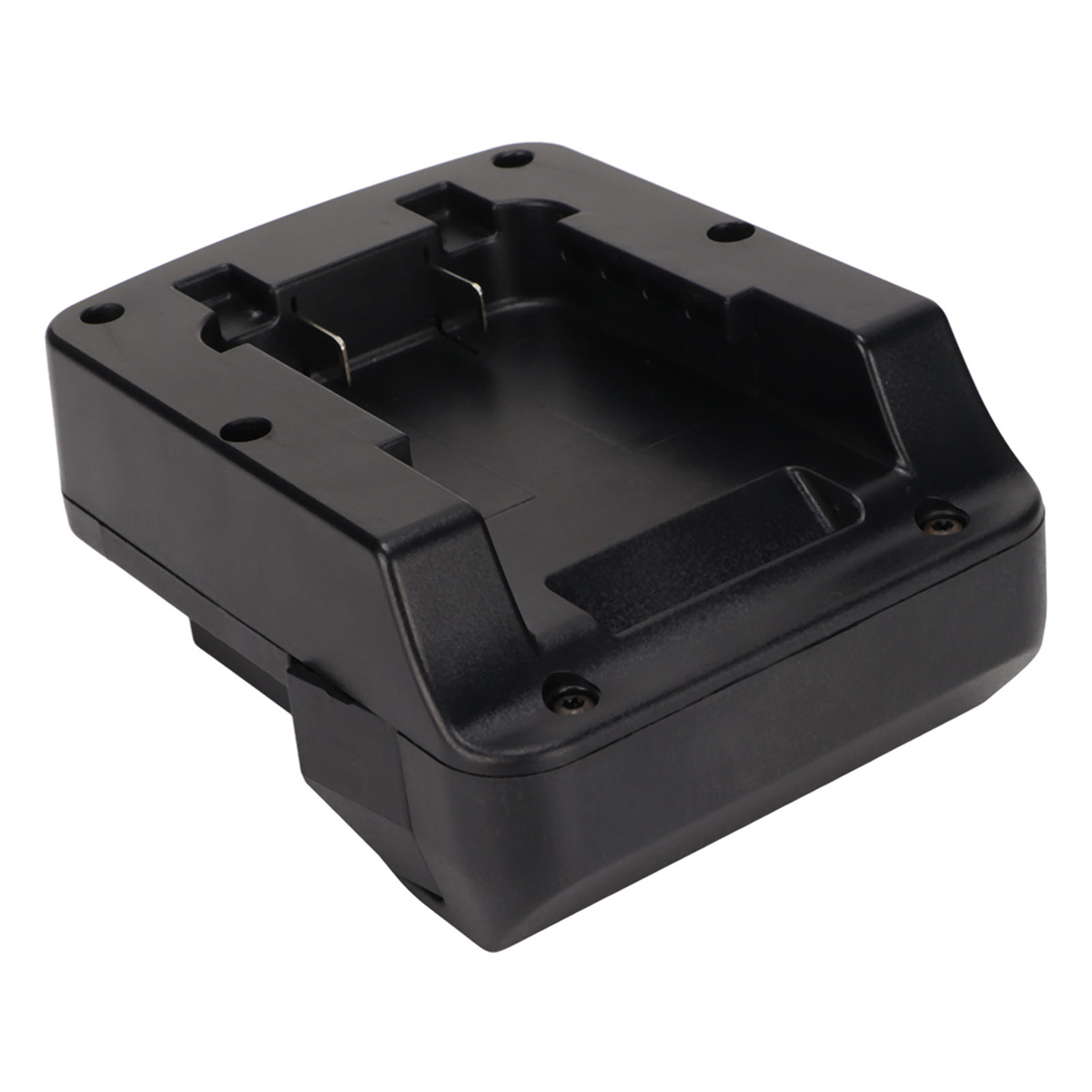 Ein schwarzes Batterieladegerät mit einem vertieften Bereich, der zum Halten einer Batterie bestimmt ist.
