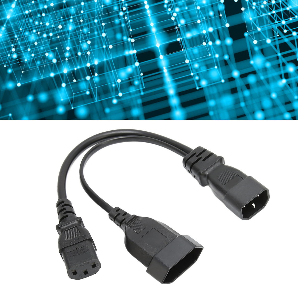 Ein schwarzes Netzkabel mit zwei Steckern vor blauem Netzwerk-Hintergrund.