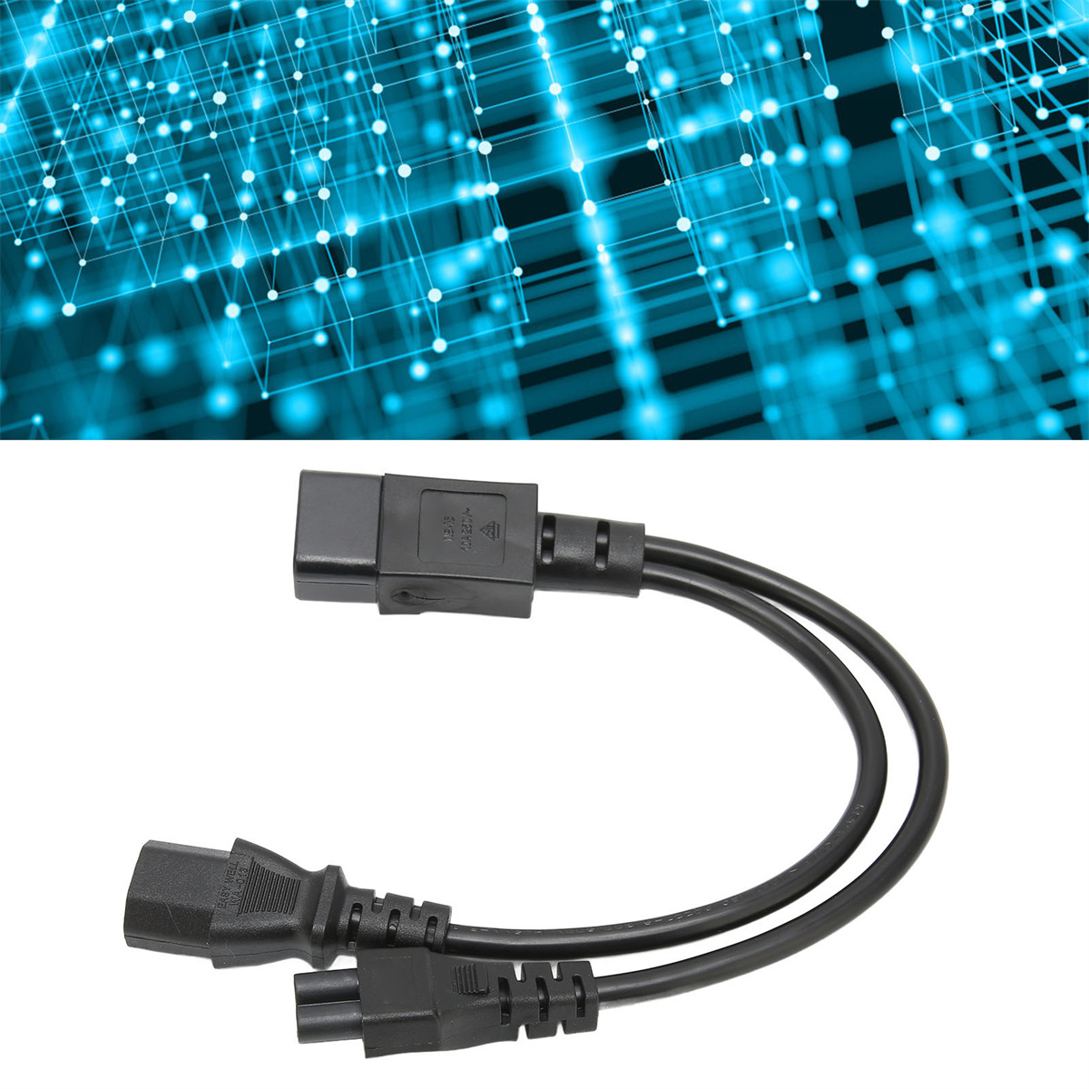 Ein schwarzes Netzkabel mit Splitter und ein blauer Hintergrund mit einem Lichtnetzwerk.