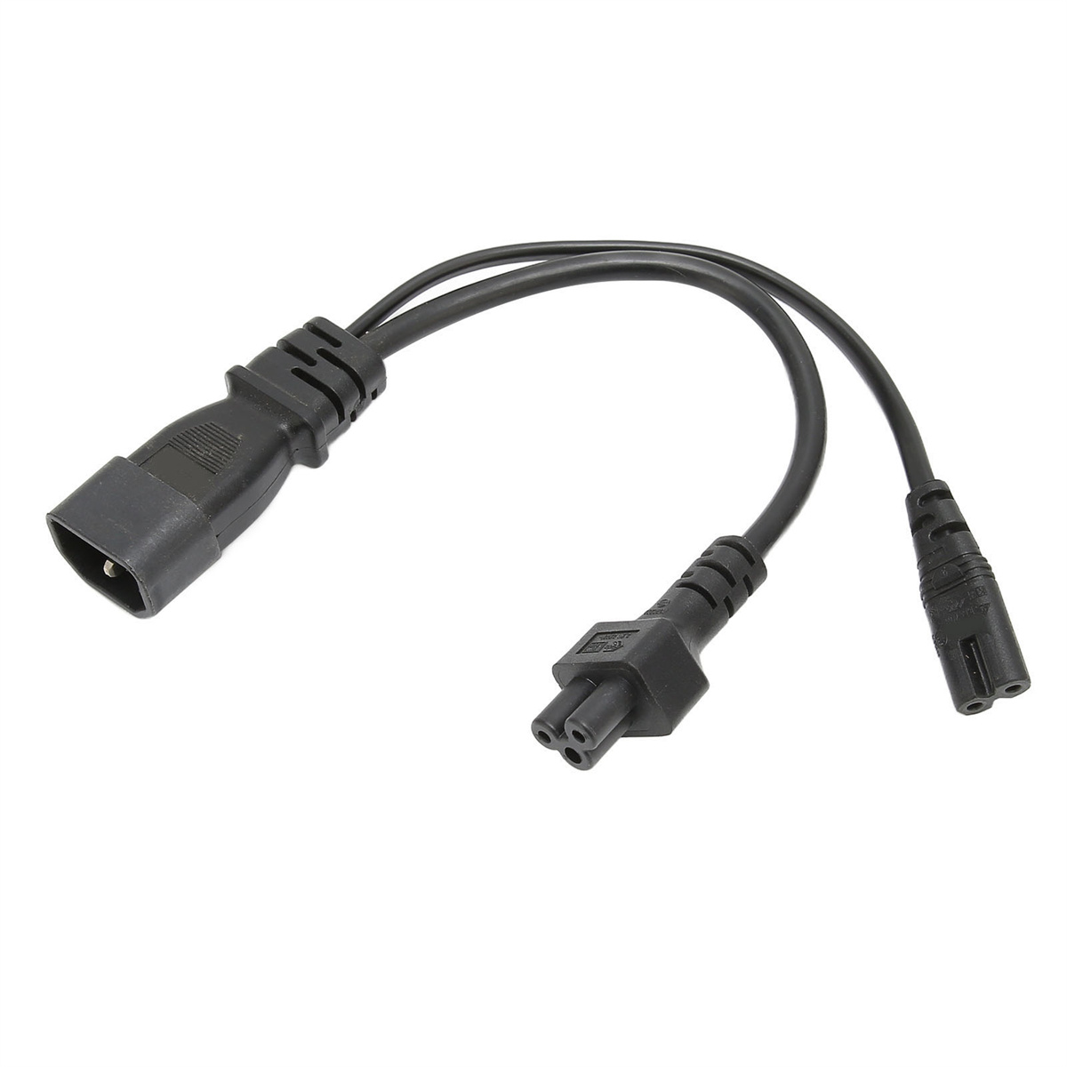 Schwarzes Netzadapterkabel mit drei Anschlüssen.