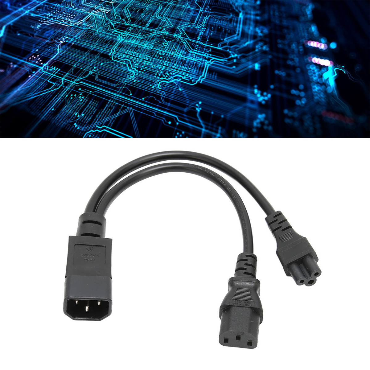 Ein schwarzes Netzkabel mit zwei Buchsen und einem Stecker.