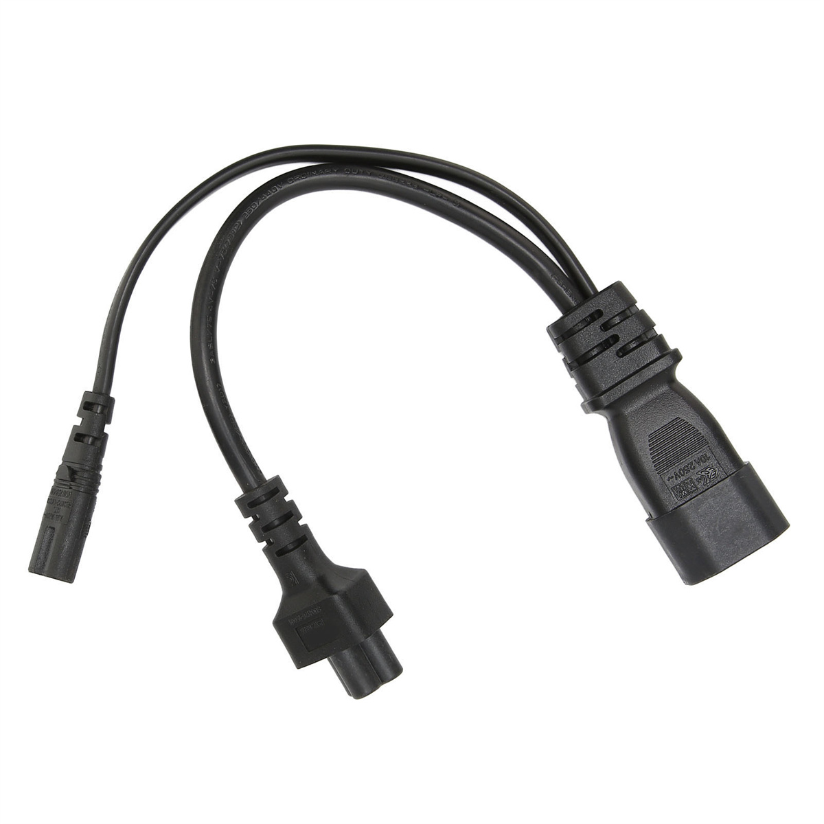 Schwarzes Netzadapterkabel mit zwei Ausgängen auf weißem Hintergrund.