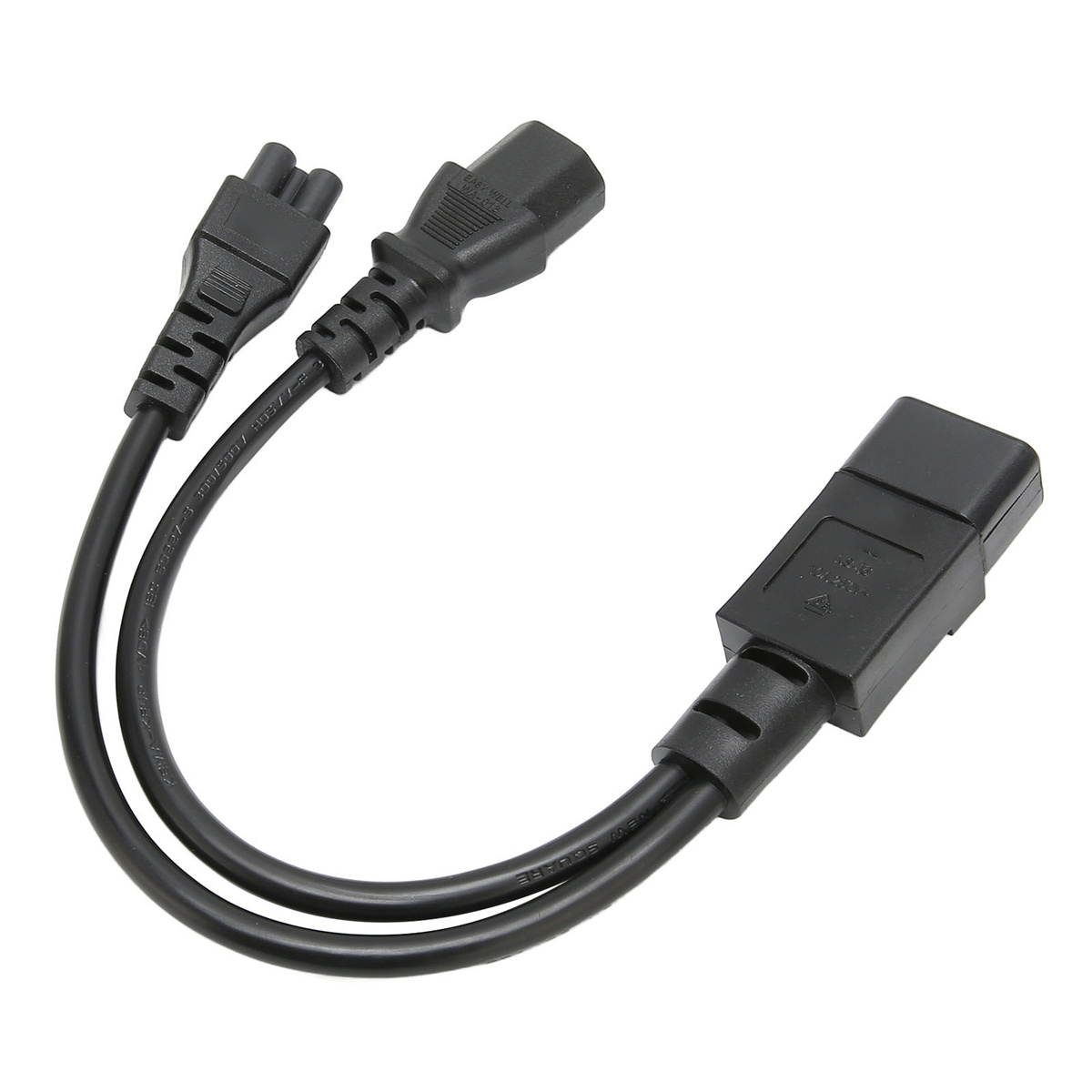 Schwarzes Stromadapterkabel mit zwei Buchsen und einem Stecker, weißer Hintergrund.