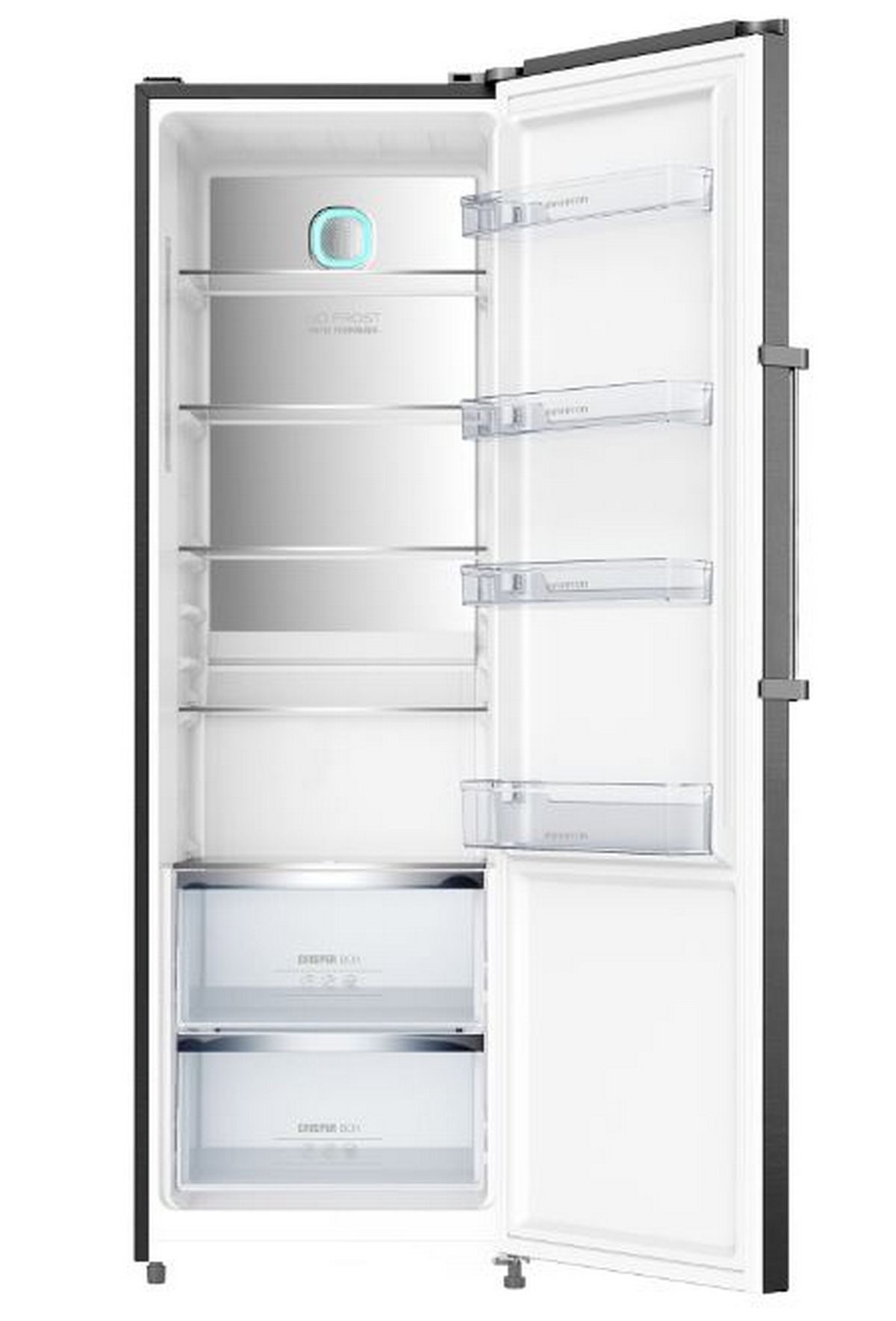 El interior de una nevera. Tiene estantes y cajones de vidrio, con una luz azul en el interior.