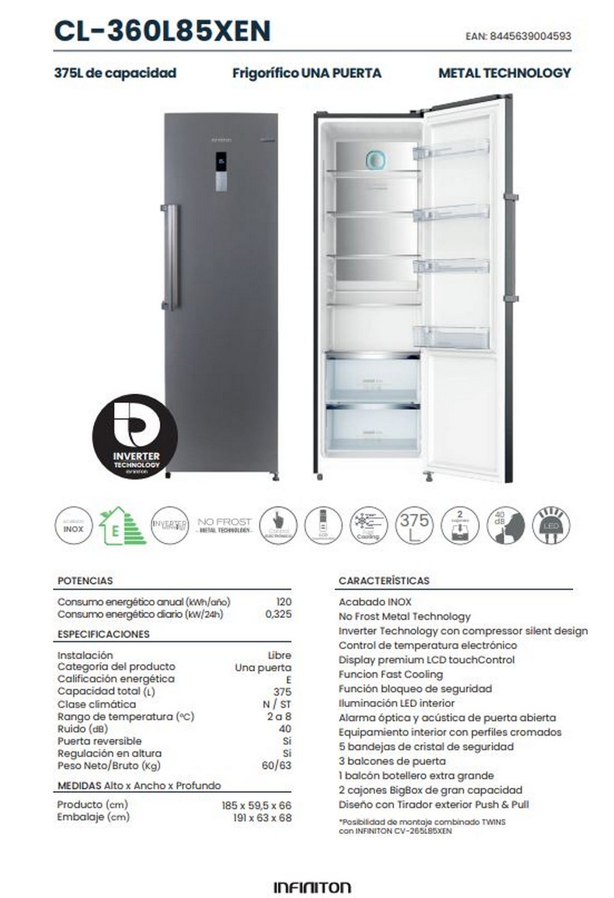 Hoja de información detallada del producto para un refrigerador gris, características y especificaciones enumeradas.