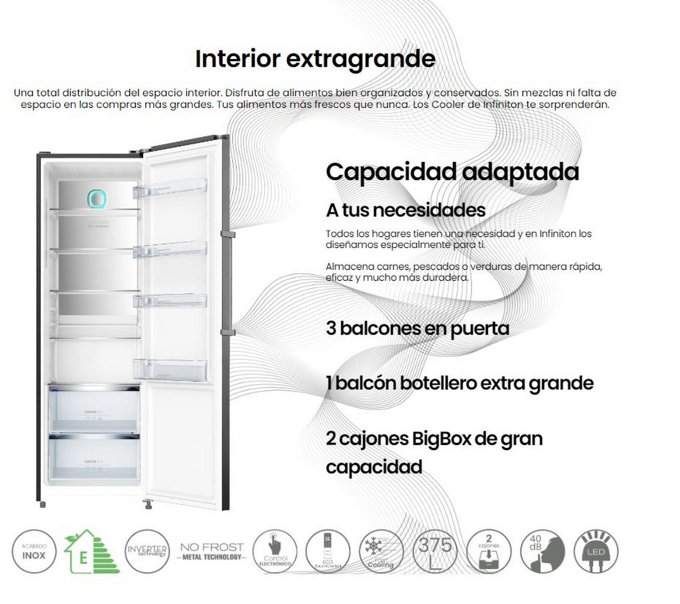 Refrigerador abierto con estantes y cajones. Texto en el lateral. Interior blanco.