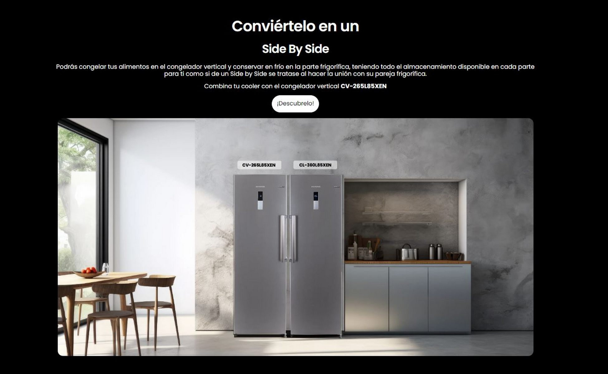 Un anuncio muestra dos refrigeradores lado a lado plateados. Texto promociona las características. Fondo oscuro.