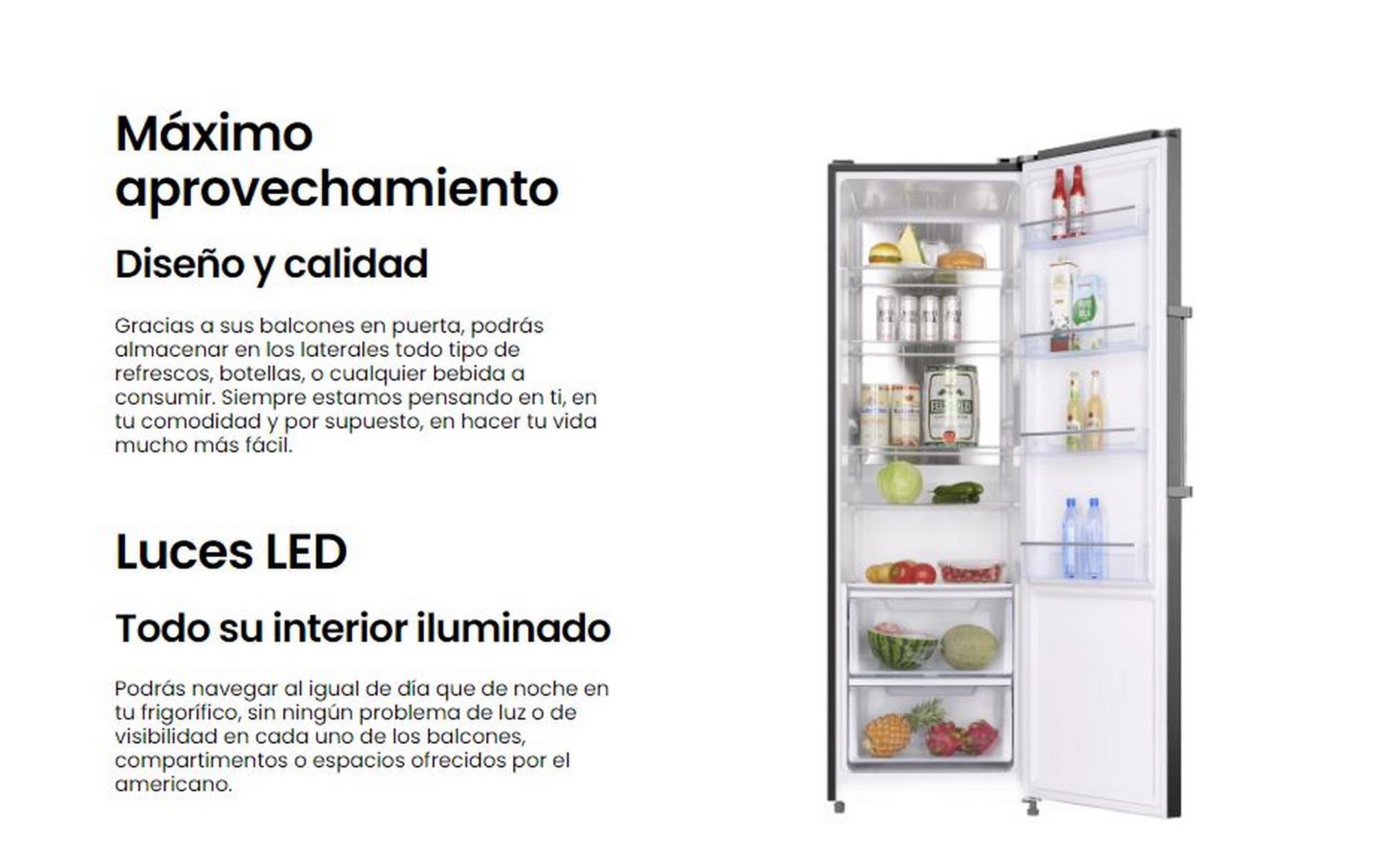 Interior de refrigerador abierto con estantes, cajones y alimentos visibles. Texto en español describe características.