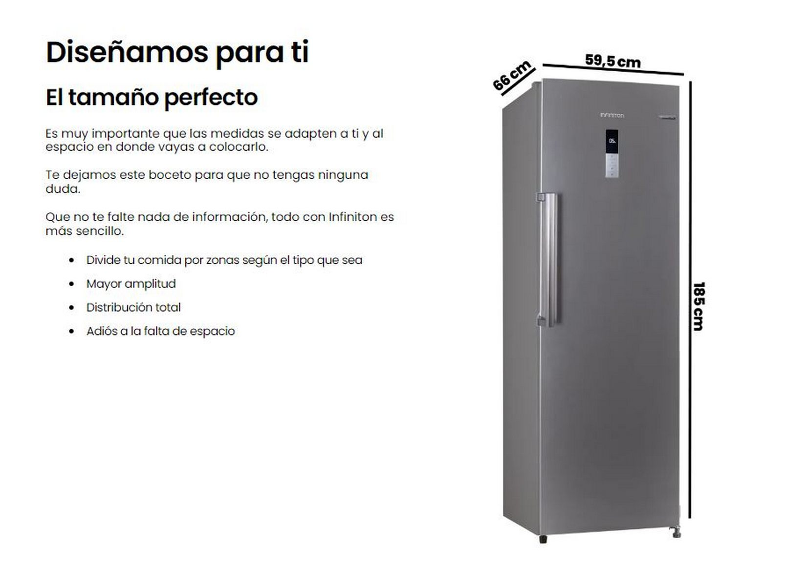 Un frigorífico plateado con dimensiones: 66 cm ancho, 59,5 cm profundo, 185 cm alto.
