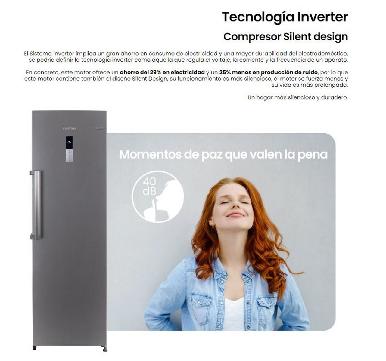 Una mujer pelirroja sonriendo con texto sobre diseño silencioso y eficiencia energética.