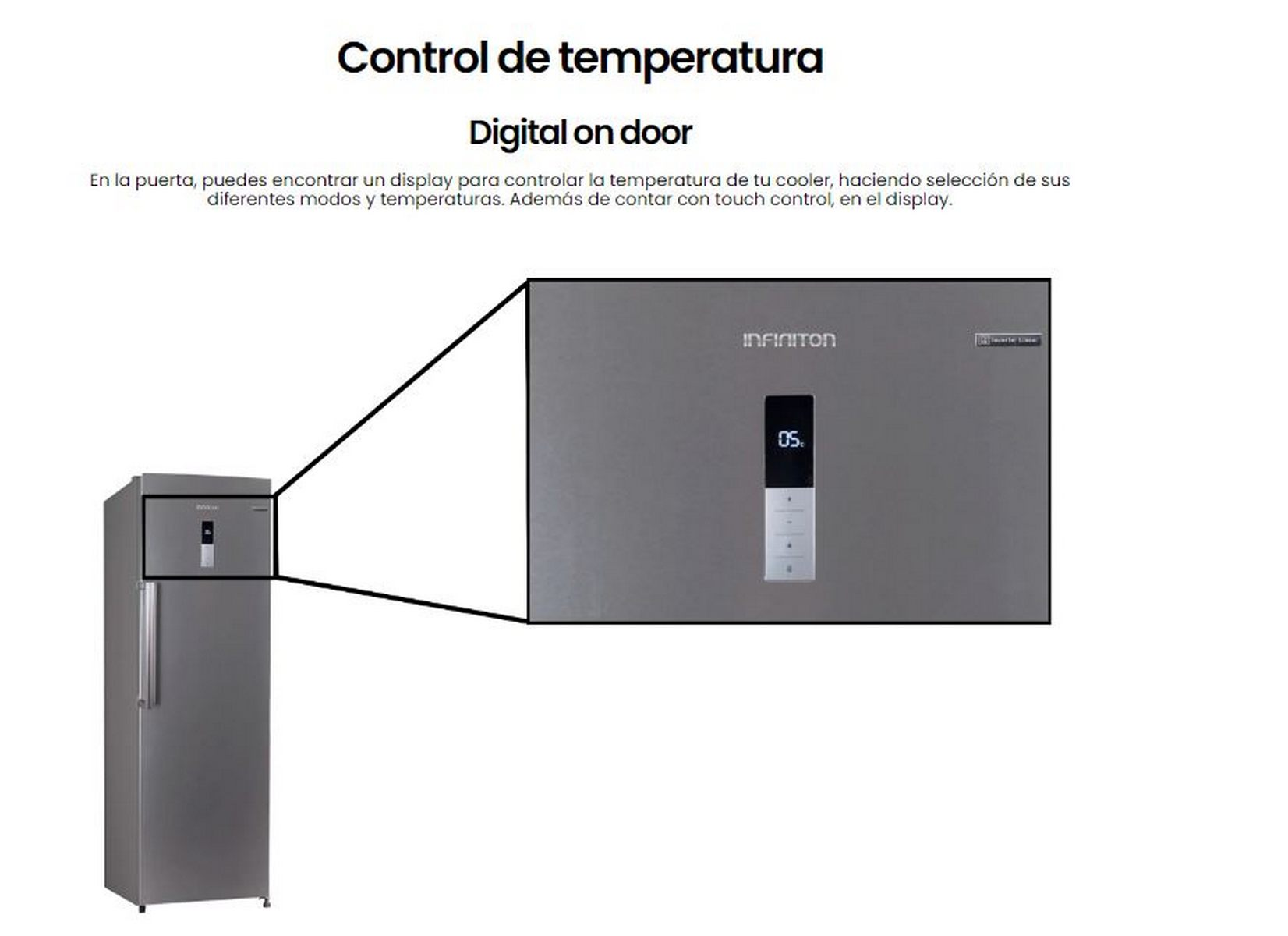 Refrigerador plateado con pantalla que muestra '05'. Texto: Digital en la puerta. Fondo blanco.