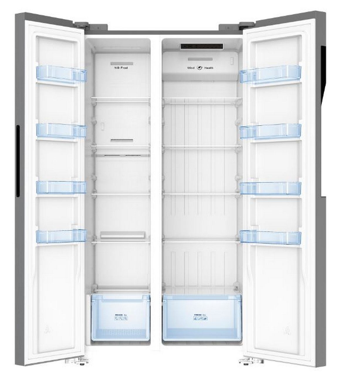Un frigorífico con las dos puertas abiertas, mostrando los estantes interiores.