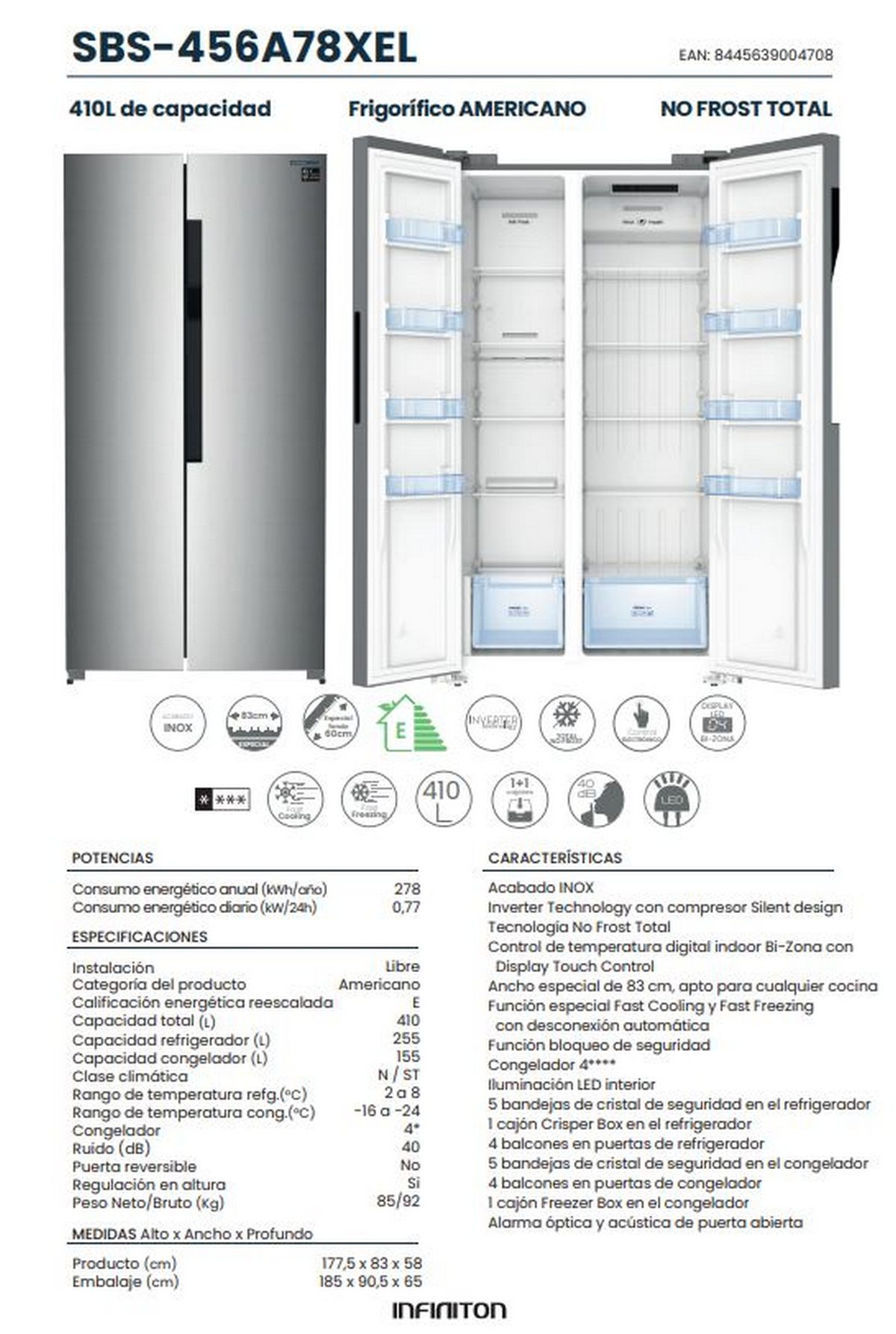 Refrigerador estilo americano con dos puertas, con sus especificaciones y características mostradas.