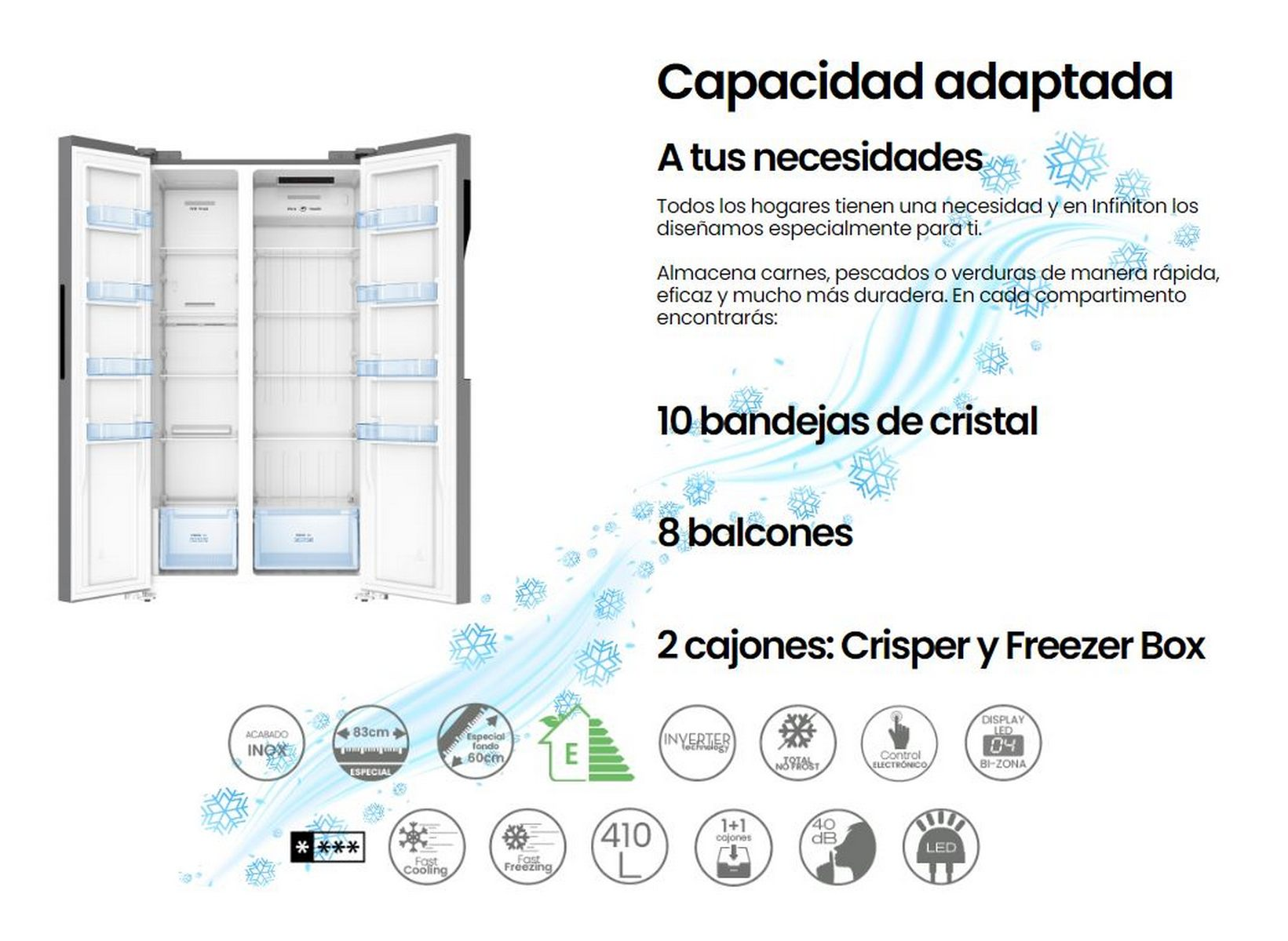 Refrigerador blanco con puertas abiertas. Muestra estantes, cajones y funciones como enfriamiento rápido.