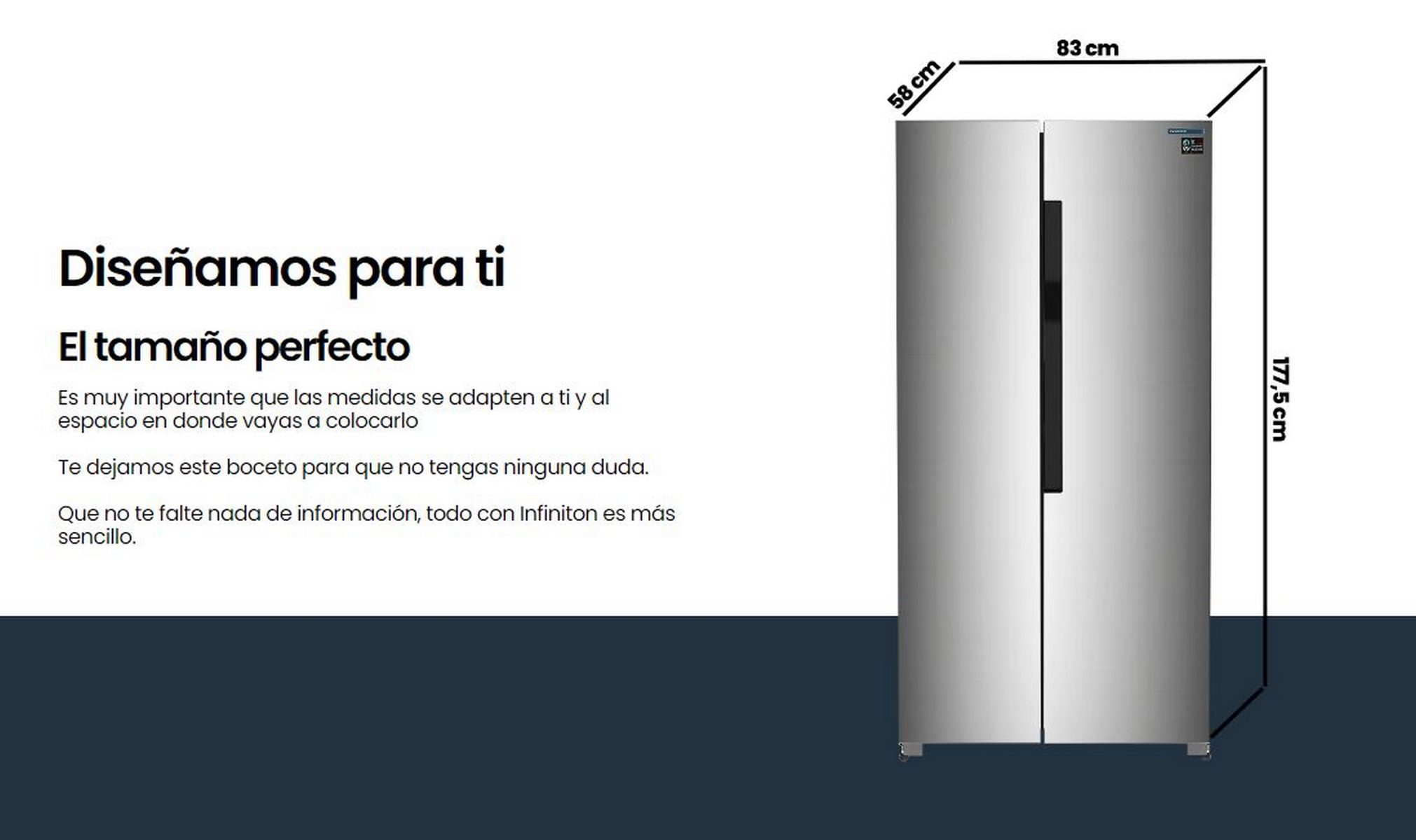 Un refrigerador lado a lado plateado con dos puertas, dimensiones en cm sobre fondo azul.