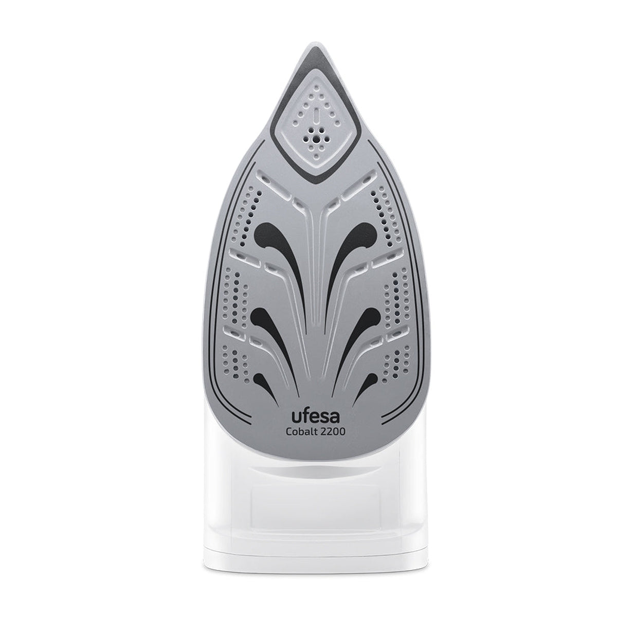 Una base per ferro da stiro grigia con un serbatoio dell'acqua bianco. Il ferro ha un design floreale e il marchio Ufesa.