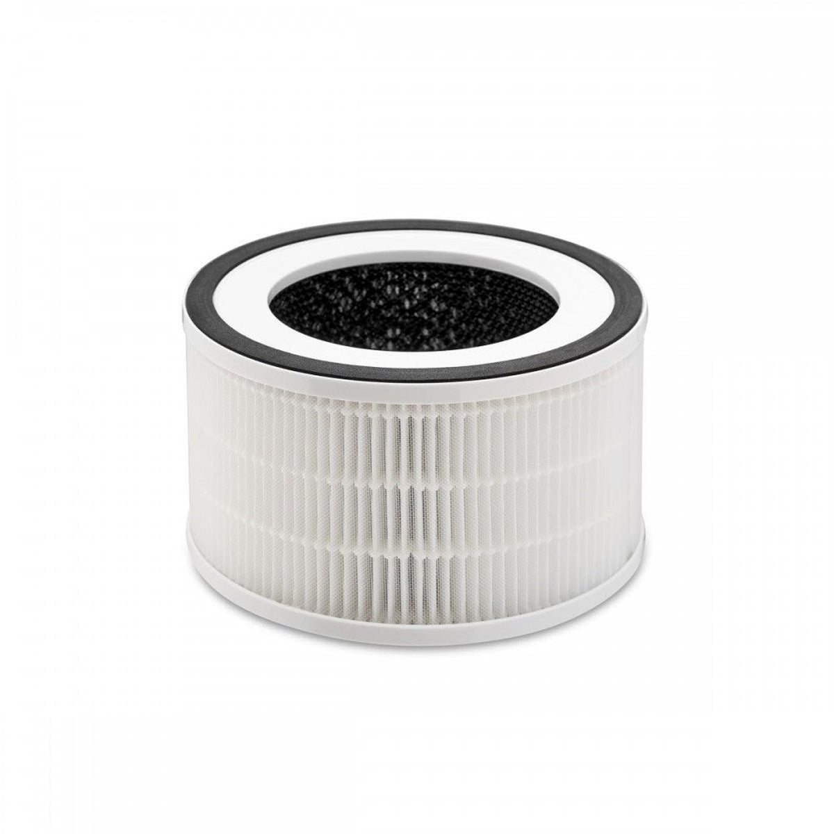 Un filtro dell'aria cilindrico bianco con un anello nero in alto e un corpo a rete bianco.