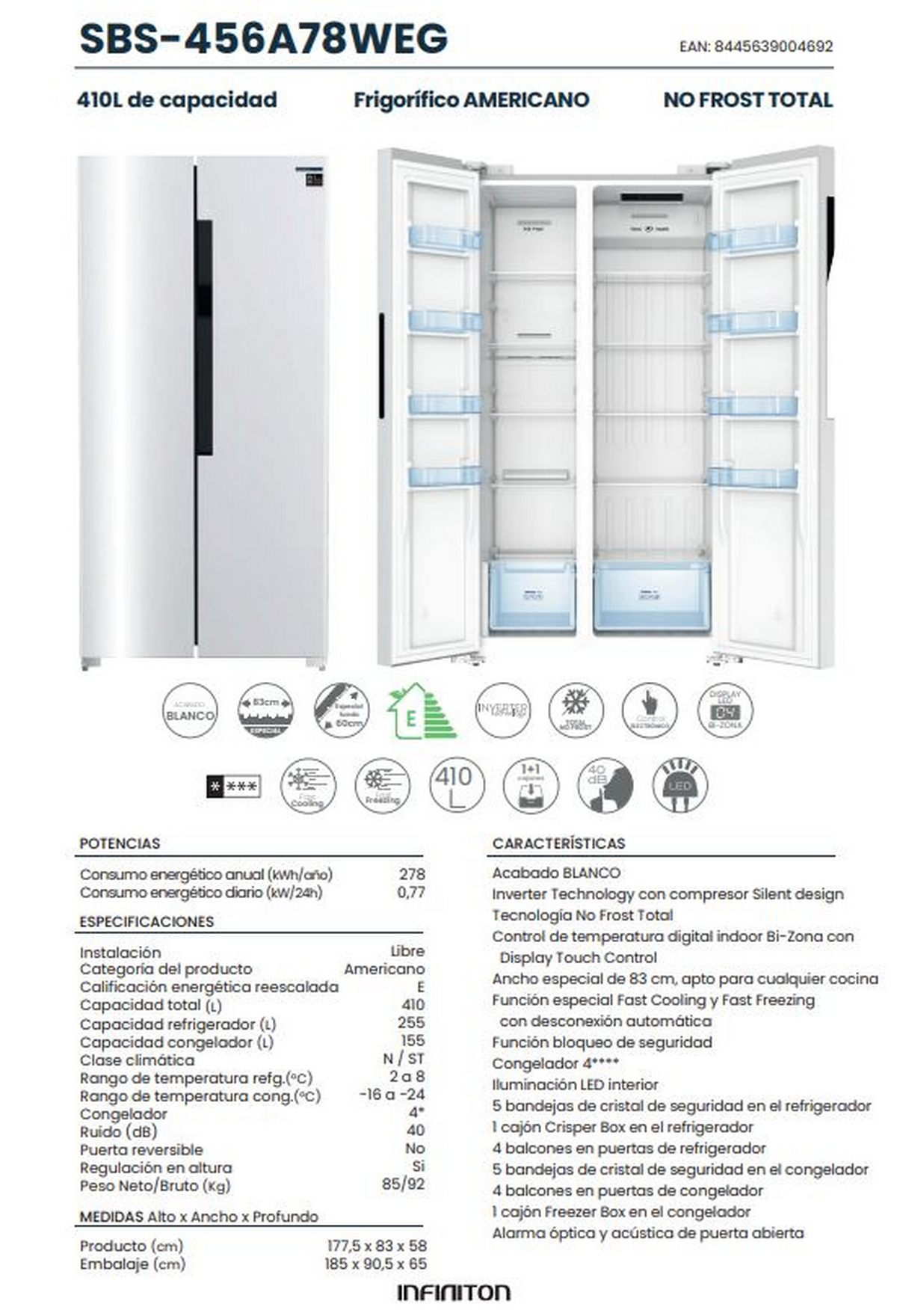 Un refrigerador blanco con puertas abiertas, mostrando estantes y compartimentos.