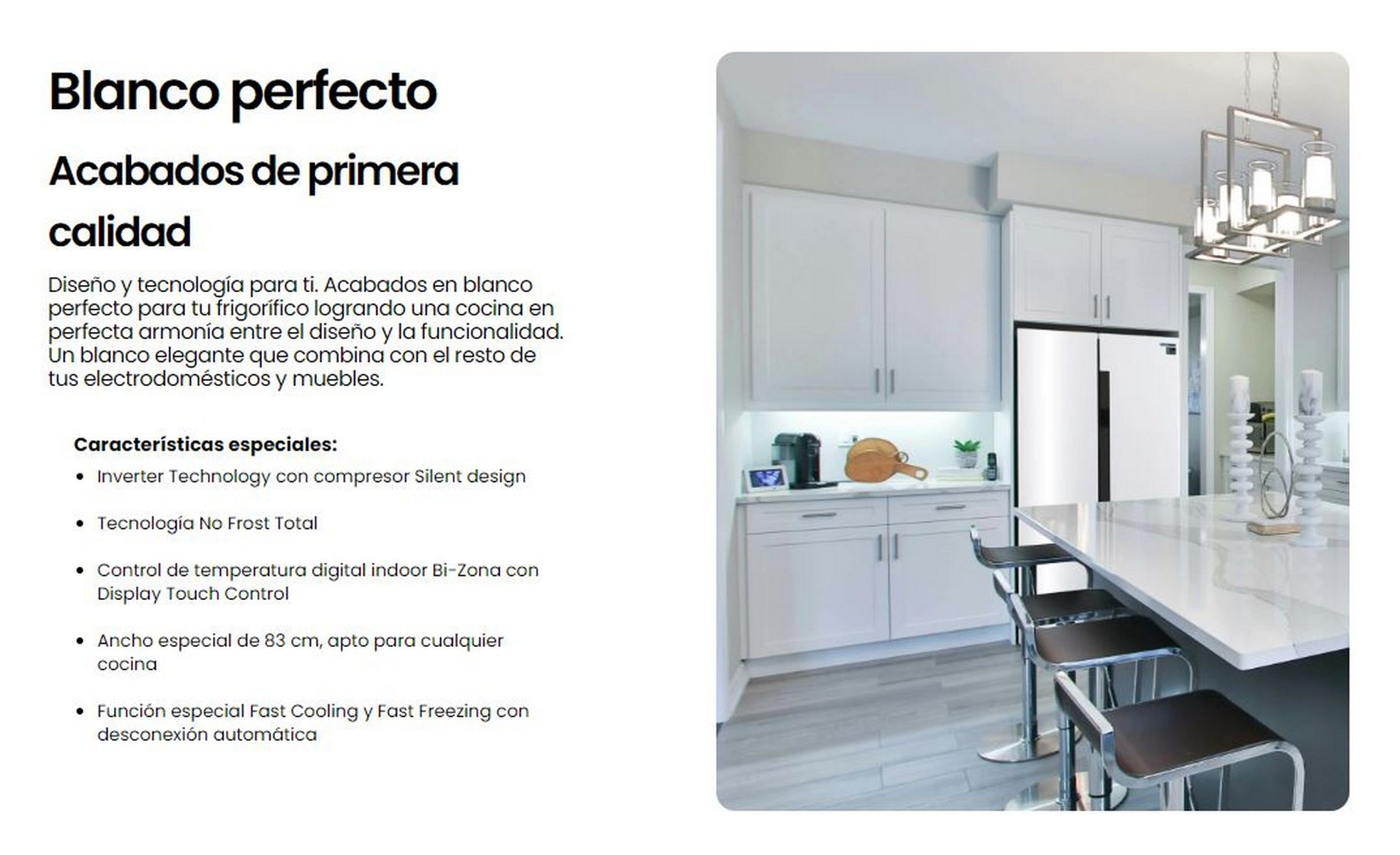 Cocina blanca moderna con refrigerador y gabinetes, mostrando un espacio limpio y organizado.