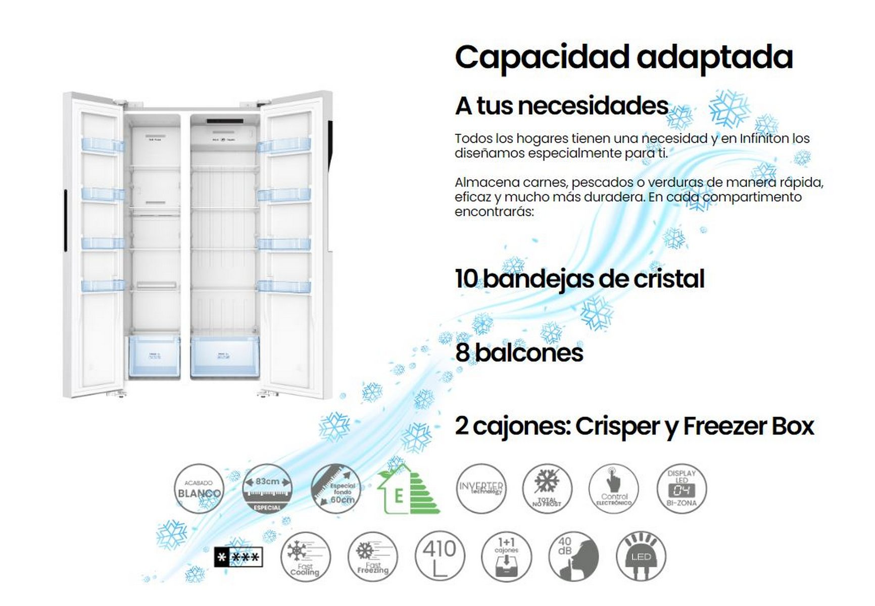 Refrigerador de doble puerta con estantes y cajones. Texto e iconos a la derecha. Blanco.