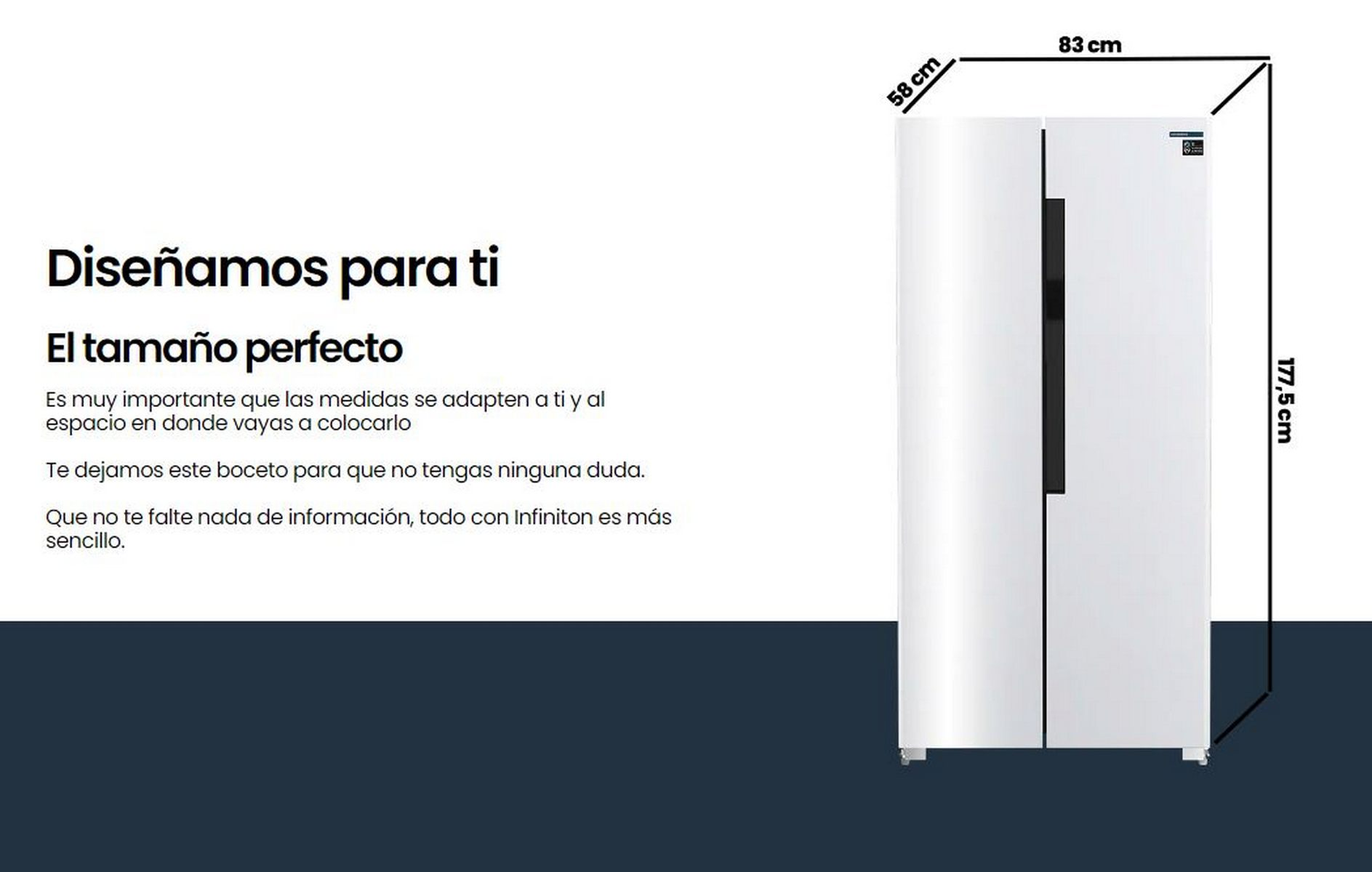Un refrigerador blanco. Tiene dos puertas. La imagen muestra dimensiones con medidas.